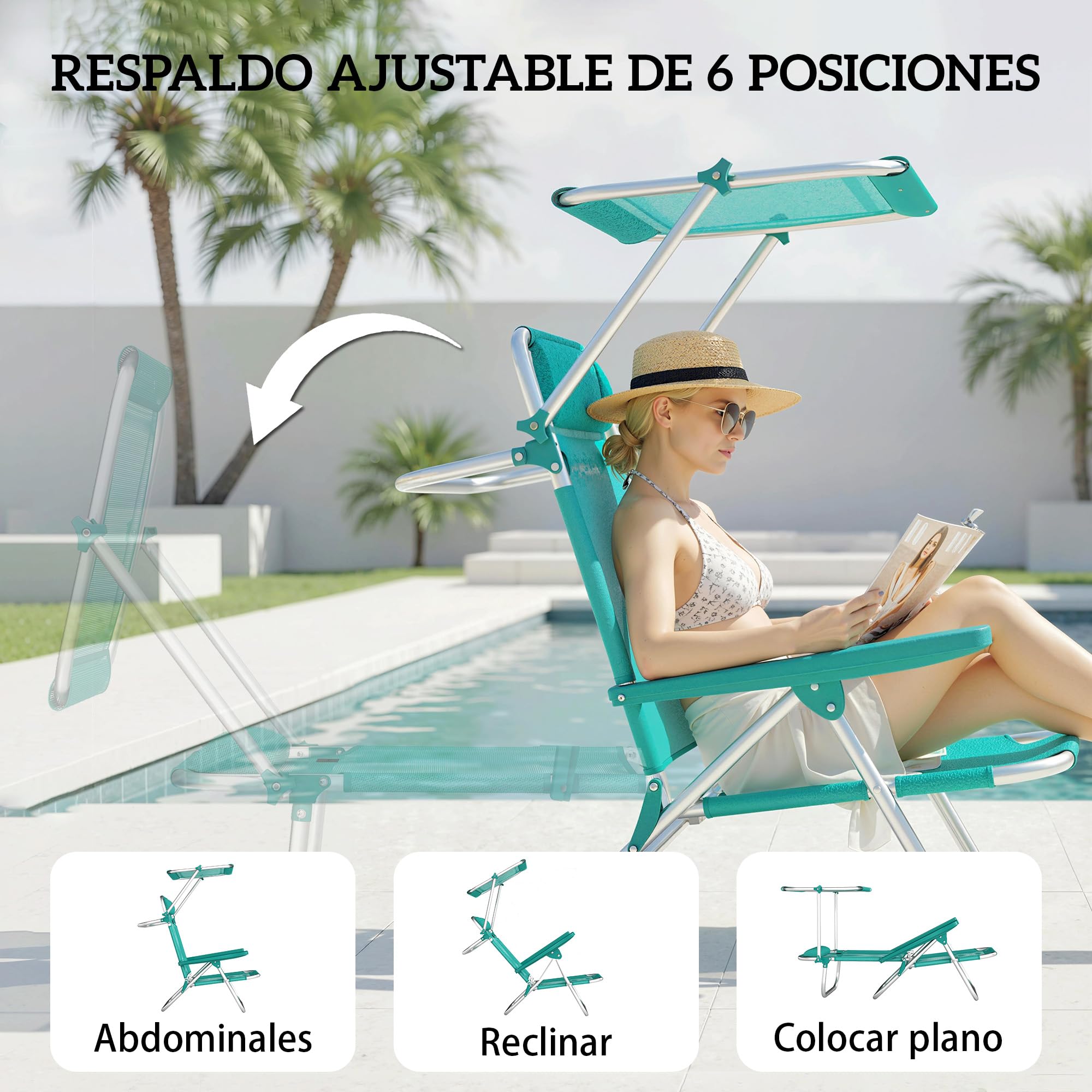 Outsunny Pack de 2 Sillas de Playa Plegables con Dosel Ajustable, Respaldo Reclinable en 6 Posiciones y Reposacabezas, Sillas Bajas Portátiles con Brazos Carga 120kg para Acampada Jardín Turquesa
