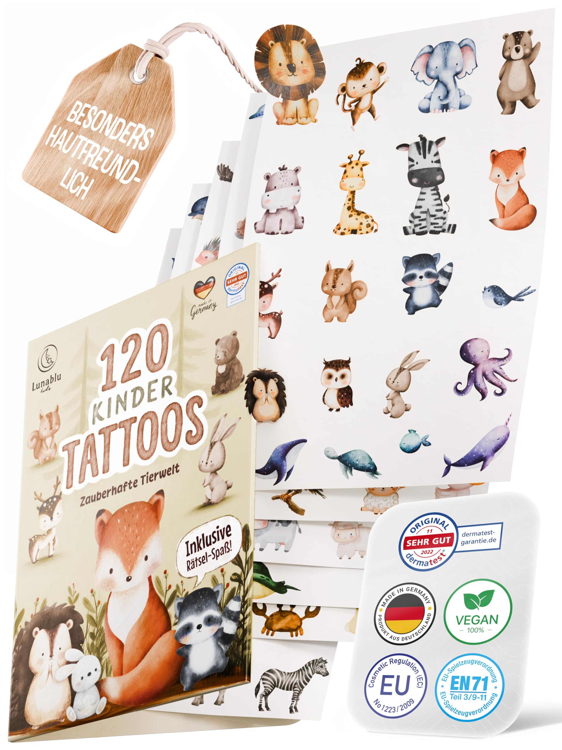 Lunablu 120 Hautfreundliche Kinder Tattoos [Dermatologisch Zertifiziert] MADE IN GERMANY | Geschenk für Kinder | Kindertattoos für Jungen und Mädchen | Tattoo - Bunte Tiere
