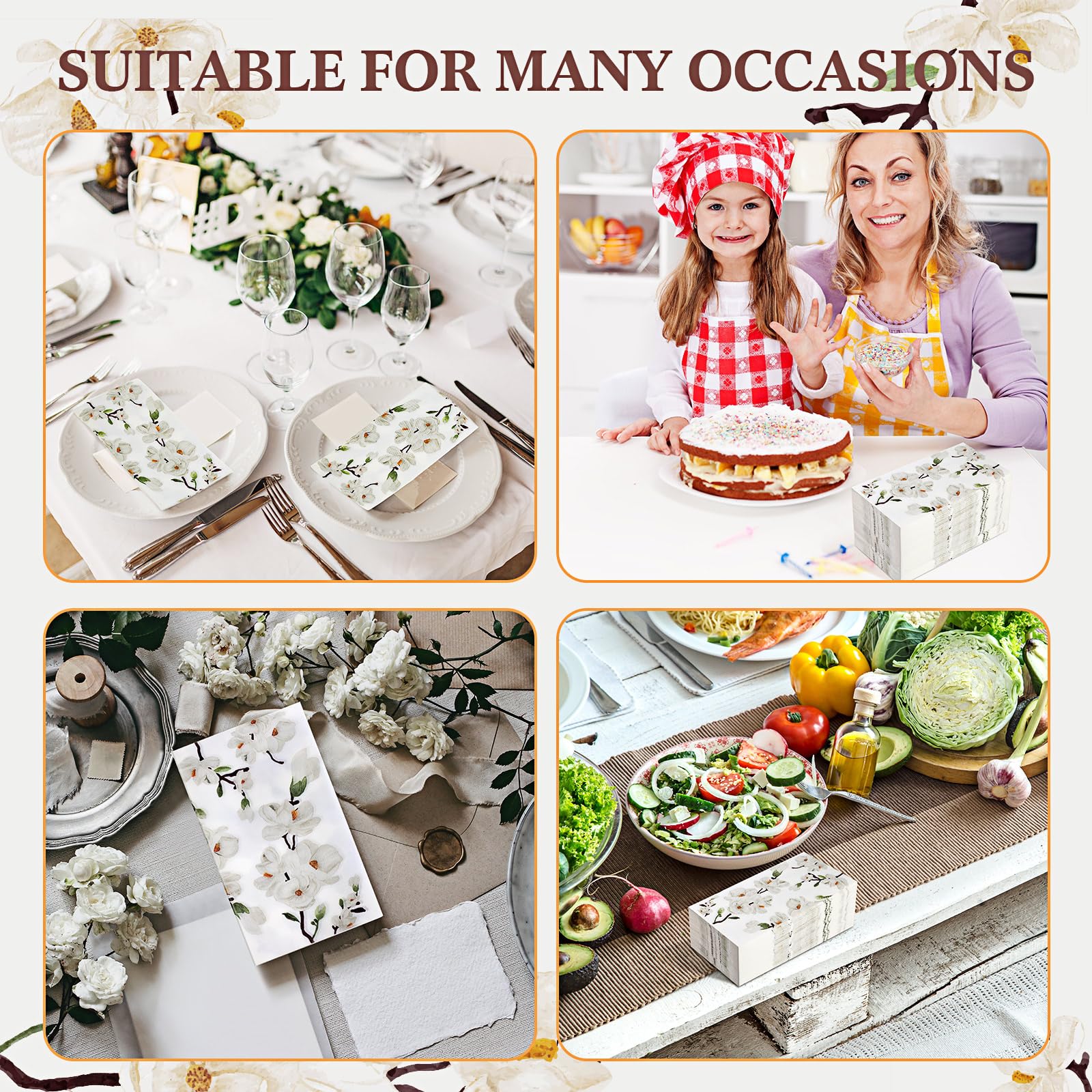 Outus 200 servilletas de flores blancas con magnolia para invitados, 3 capas, servilletas de mano desechables para baño, servilletas de papel decorativas para bodas, fiestas (plegadas de 7.9 x 4.3