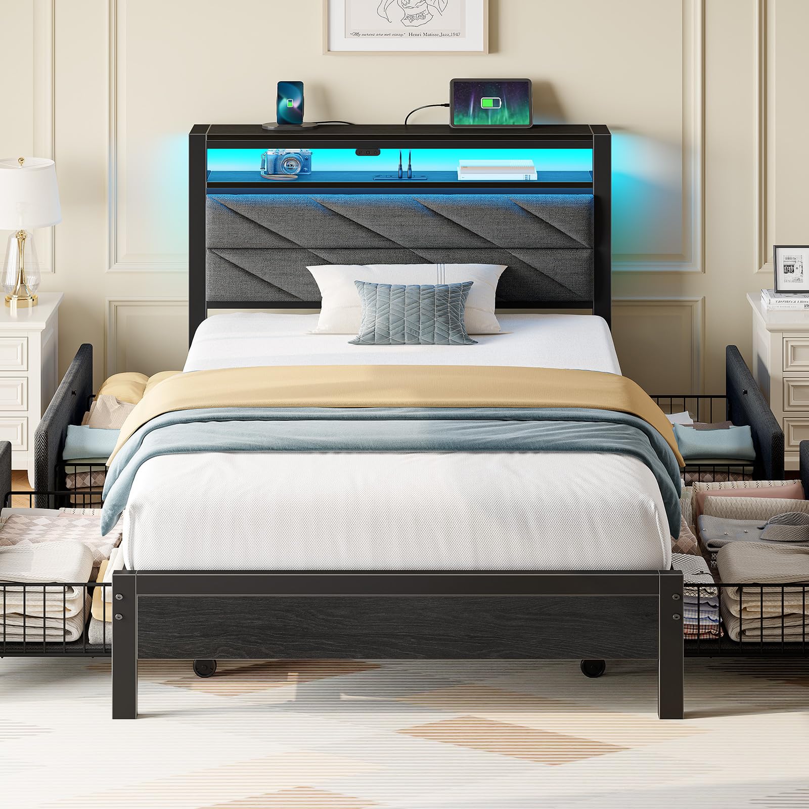 Seventable Twin Bed Frame with 4 Storage Drawers, Charging Station & LED Lights, Upholstered Headboard with 2-Tier Shelves, Metal Platform Bed, No Box