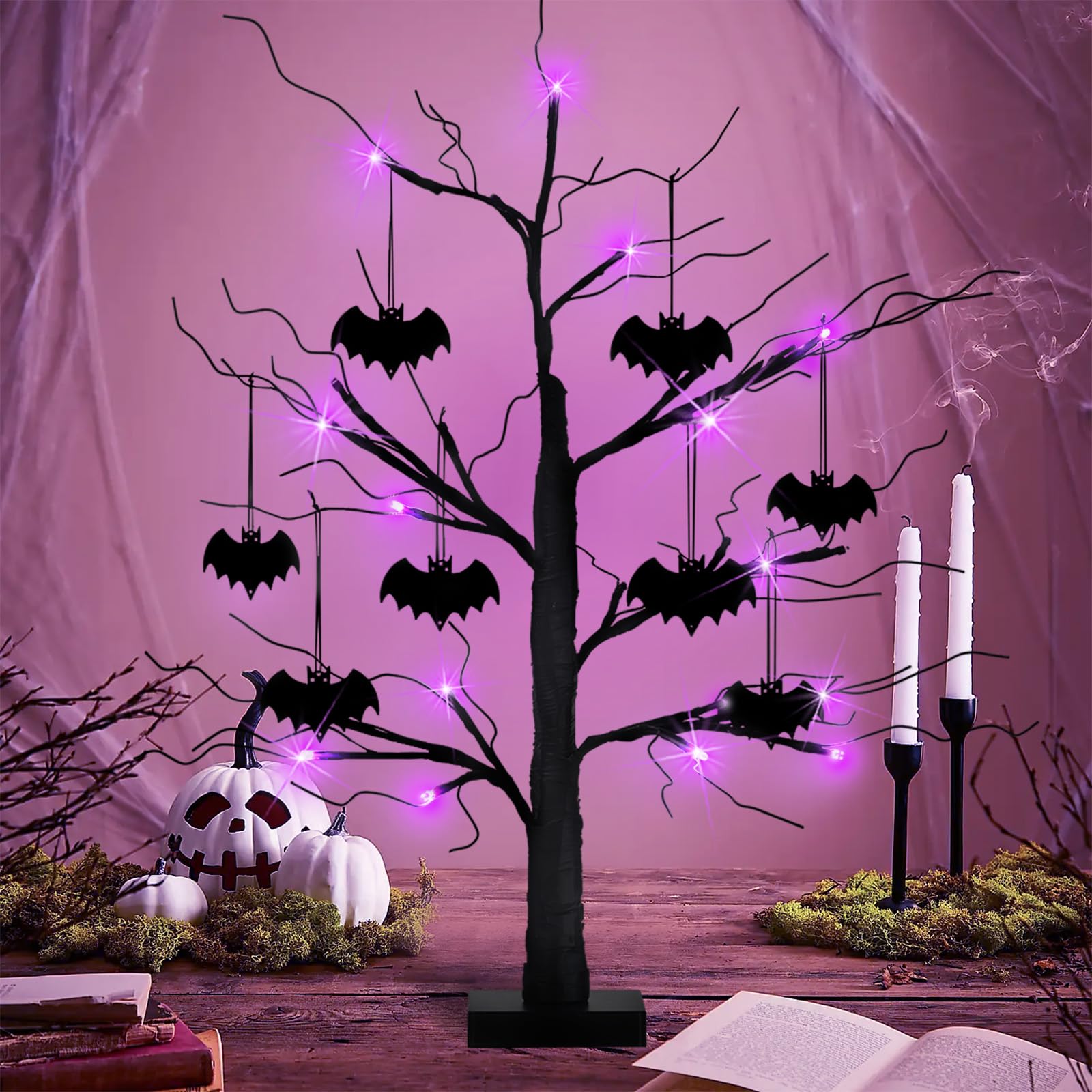 Lighted Halloween Spooky Tree, 24” Battery Operated Black Glittered Tabletop Tree Lights with 24 Purple LEDs 8 Bats Timer Function for Indoor Halloween Party