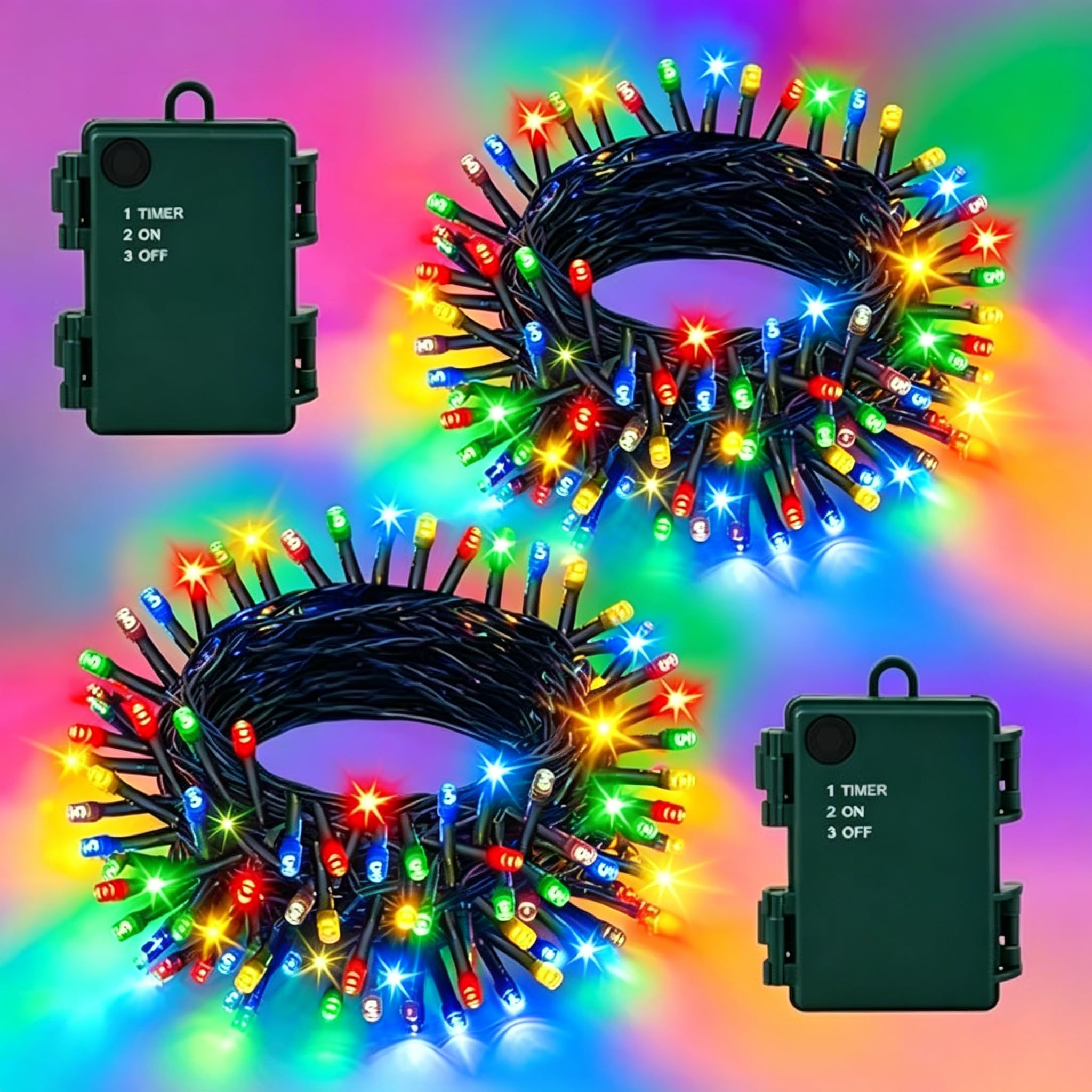 Refootsu Battery Fairy Lights, Total 12M 120 LEDs Multicoloured String Lights Battery Operated with Timer IP65 Waterproof for Bedroom Garden Christmas Tree Indoor Outdoor Decorations, 2 Pack