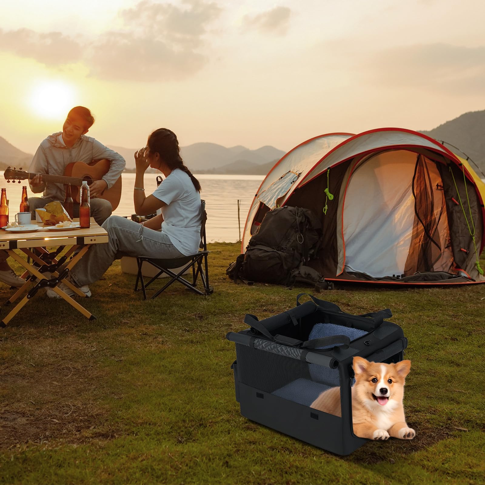 GYMAX Transportín para Perros, Mochila Extensible para Gatos con Ventanas de Malla, Espacio Extra, Bolsillos Laterales y Portavasos, Alfombra Suave, Bolsa para Mascotas Plegable (Negro+Gris, S)