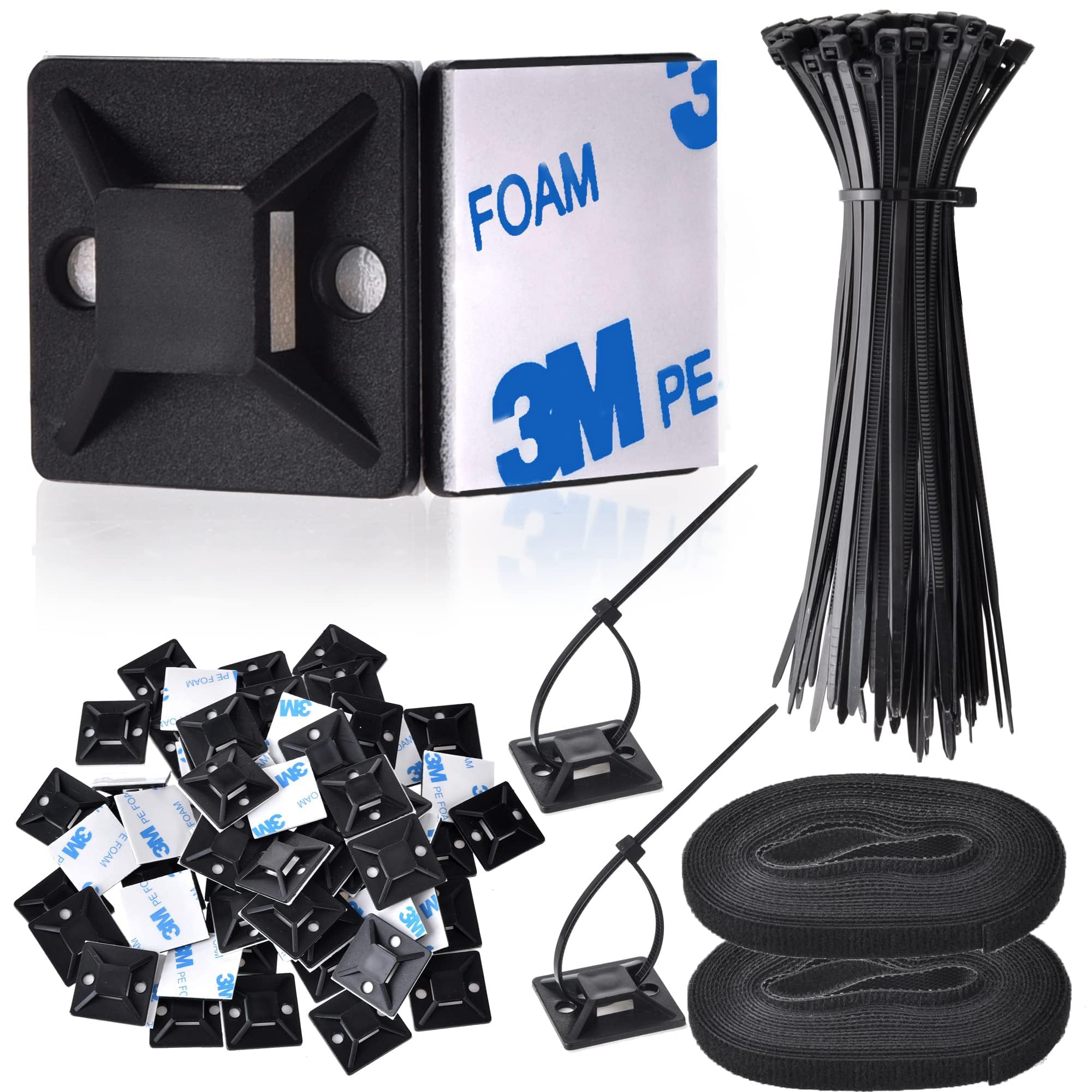 KOWVOWZ 100Pack Zip Tie Adhesive Mounts Self Adhesive Cable Tie Base Holders with Multi-Purpose Cable Tie, Cable Tie Sticky Pads, High Temperature Resistance Tie Wraps for Managing Various Cables