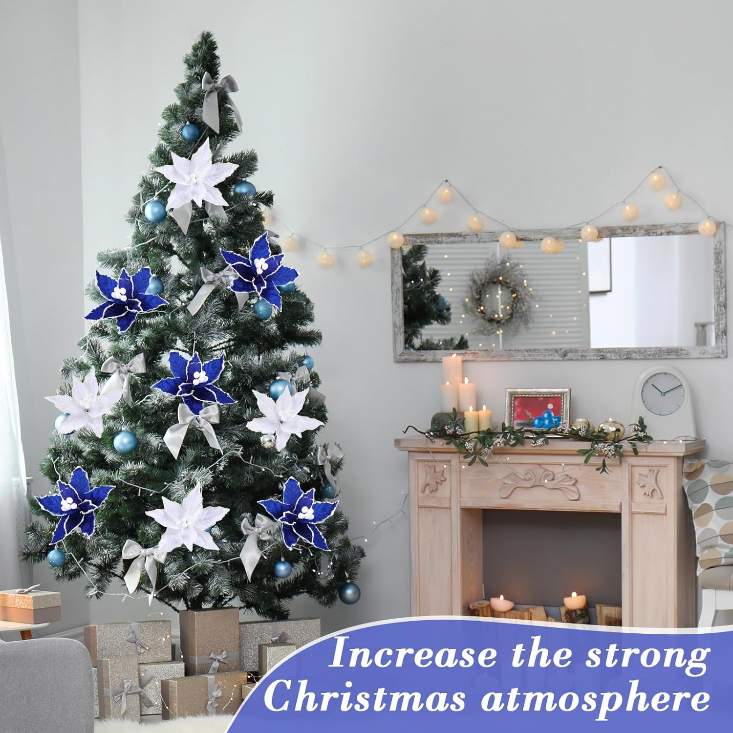 Zeyune 12 Pcs Royal Blue and White Christmas Poinsettia Flowers Artificial Large Poinsettia Picks Faux Frost Edged Flannel Flowers for Christmas Tree Ornament Holiday Decorations