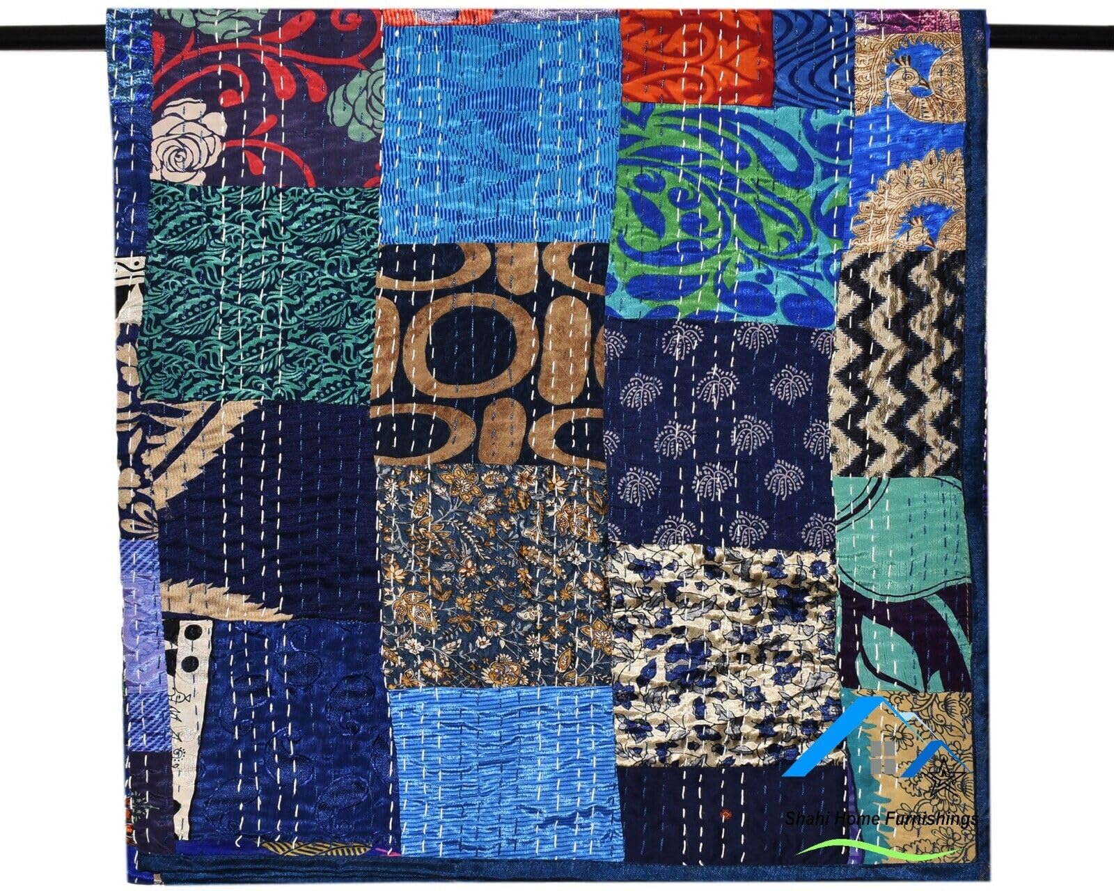 Silk Patchwork Kantha Quilt, Handmade Bedspread, Bohemian Throw Blanket, Bed Cover, Hand Stitched Bedsheet (Blue, Single Size 90x60 in)-image-20