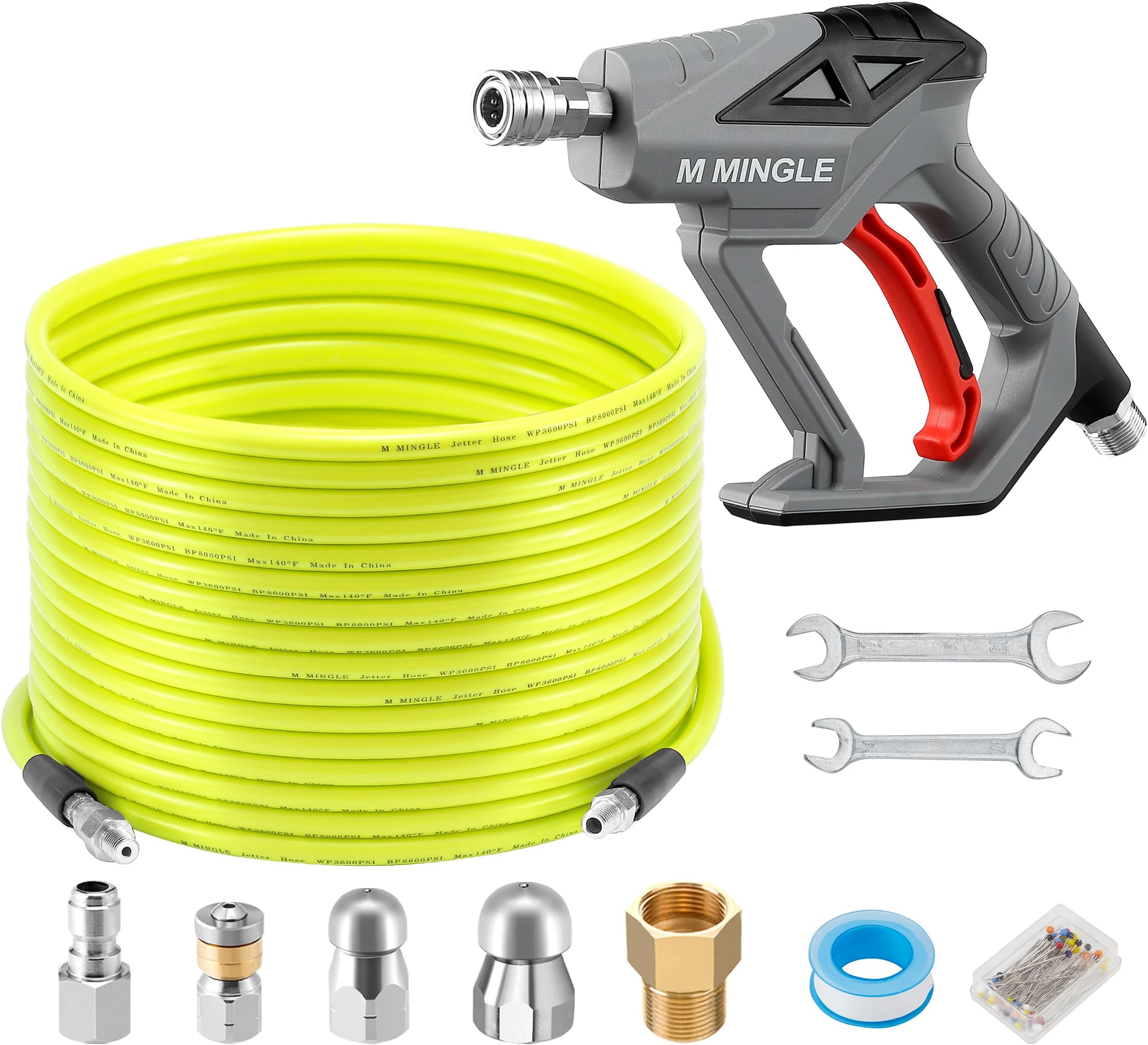 M MINGLE Sewer Jetter Kit for Pressure Washer 100 FT, Drain Cleaner Hose with Power Washer Gun, 1/4 Inch NPT Corner Rotating and Button Nose Sewer Jetting Nozzle, Orifice 4.0, 4.5