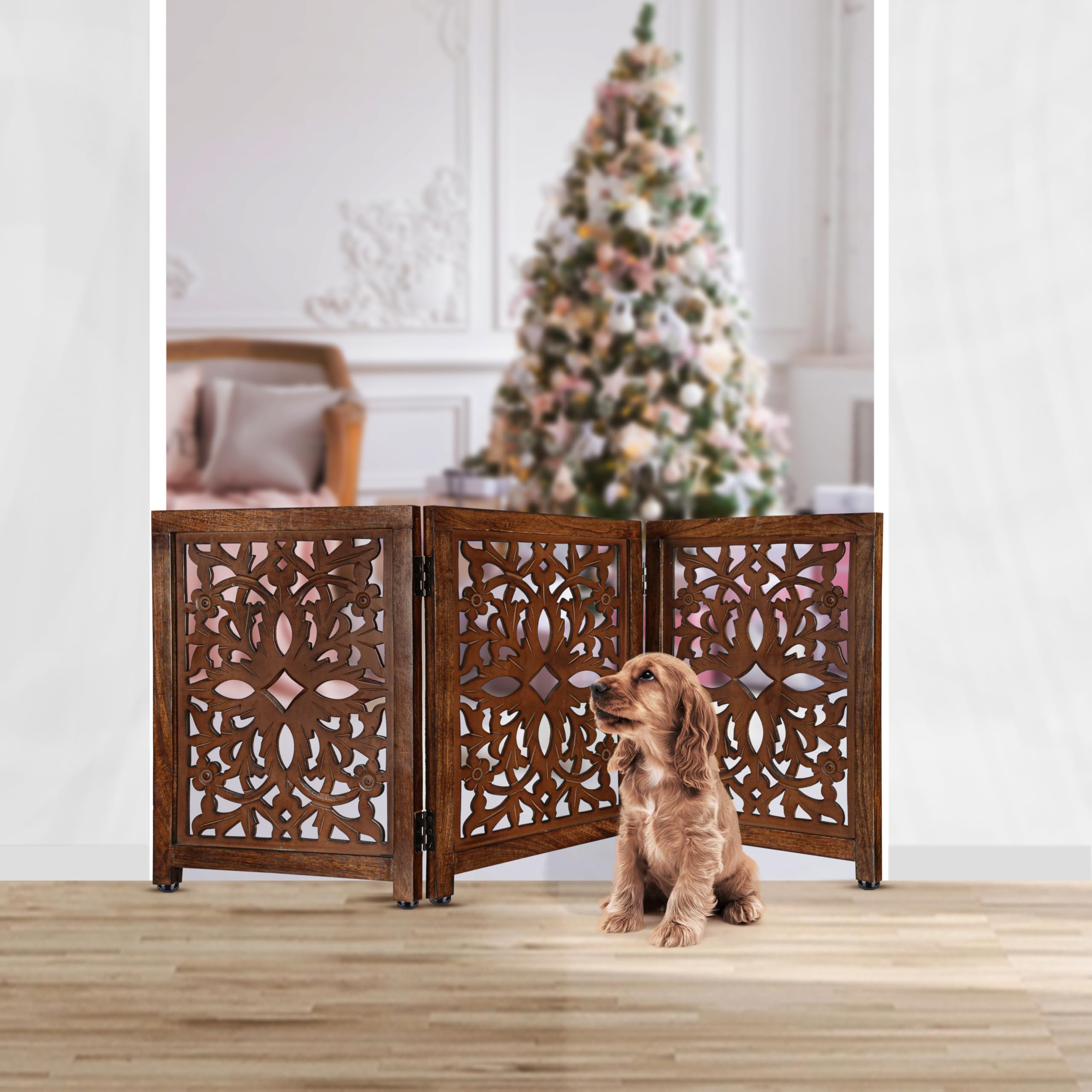Photo 1 of “Lightnpro Wooden Pet Gate – Decorative Carved Foldable Dog Fence, Extra-Wide Freestanding Indoor Safety Gate for Small Dogs – 24x54 Inch Natural Burnt Finish”