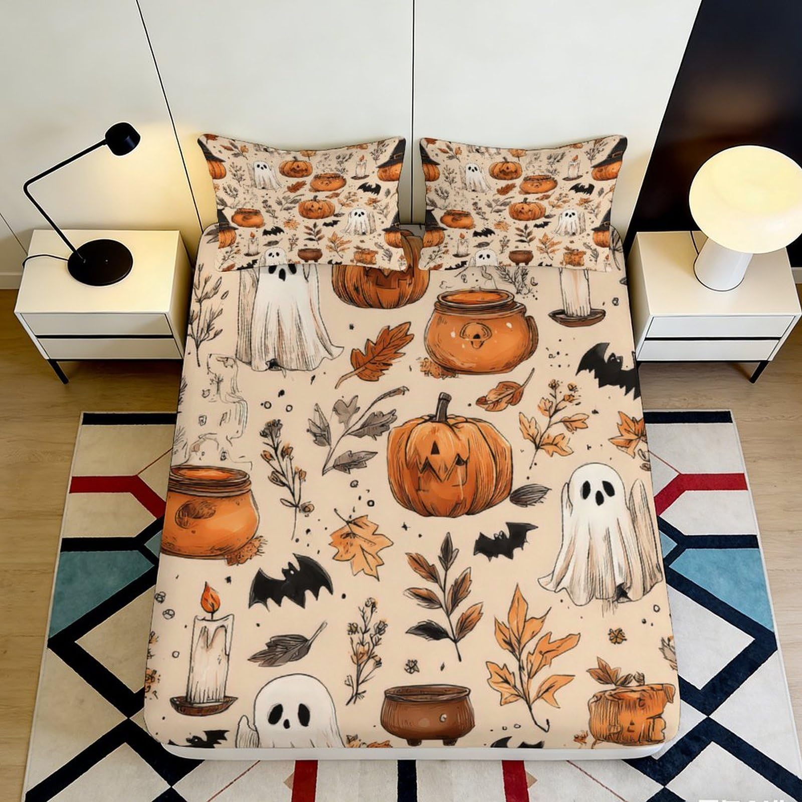 3D Printed Halloween Pumpkin Fitted Sheet Microfiber Soft Ghost Bat Mattress Cover for Bedroom Dorm Easy Care Decor 140x200x25cm
