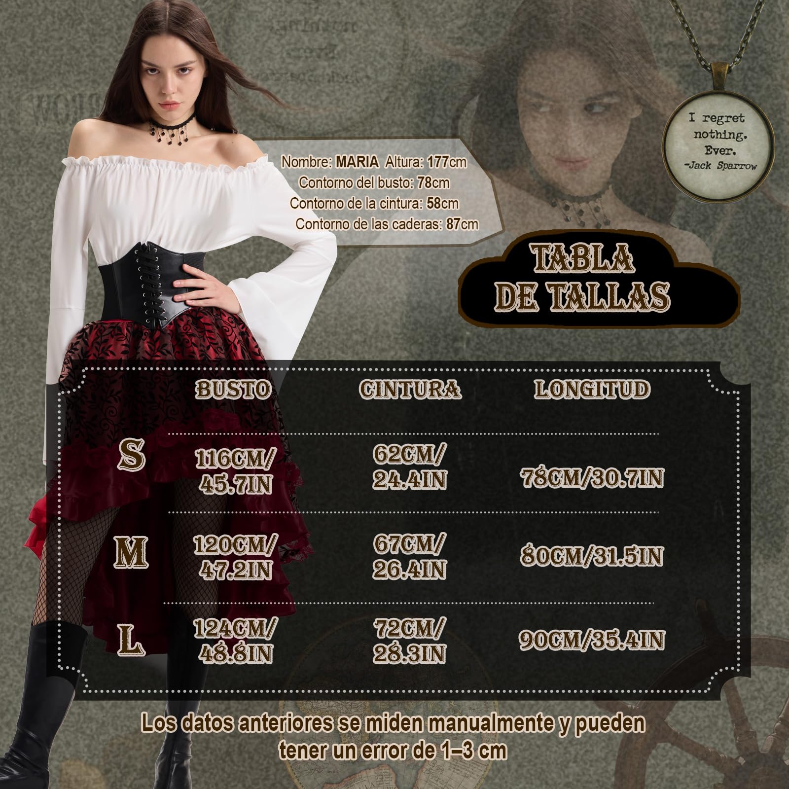 Charmofun Disfraz de Pirata para Mujer, Vestido Medieval Mujer con Top Con Hombros Descubiertos, Corsé de Pirata, Costume Victoriano Renacentista para Carnaval Halloween Cosplay (Rojo, L)