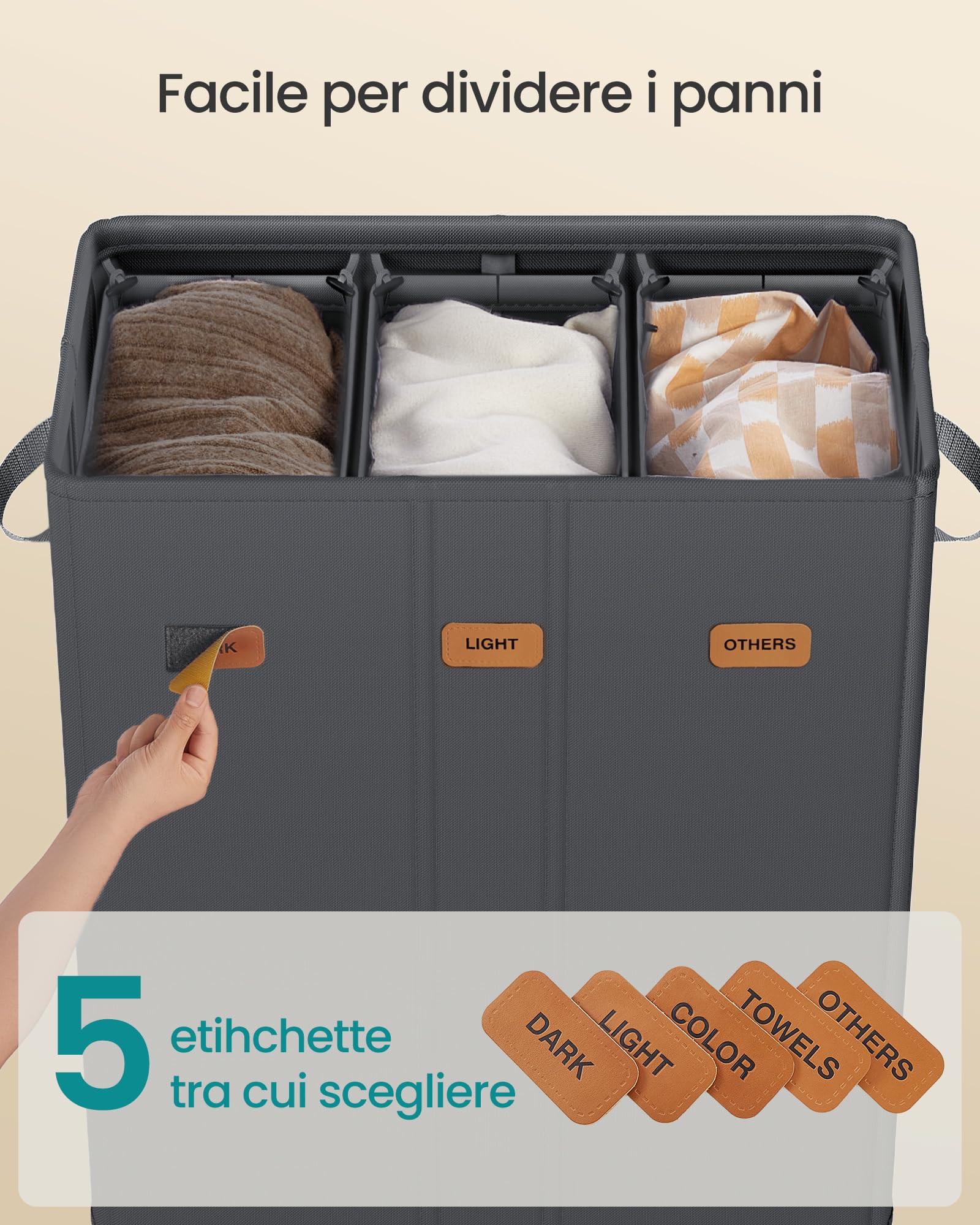 SONGMICS Cesto Portabiancheria 3 Scomparti, Porta Biancheria 160 L, Coperchio, 5 Etichette, Sacchi Interni Rimovibili e Lavabili in Lavatrice, Lavanderia Camera da Letto, Grigio Scuro RLH013G01