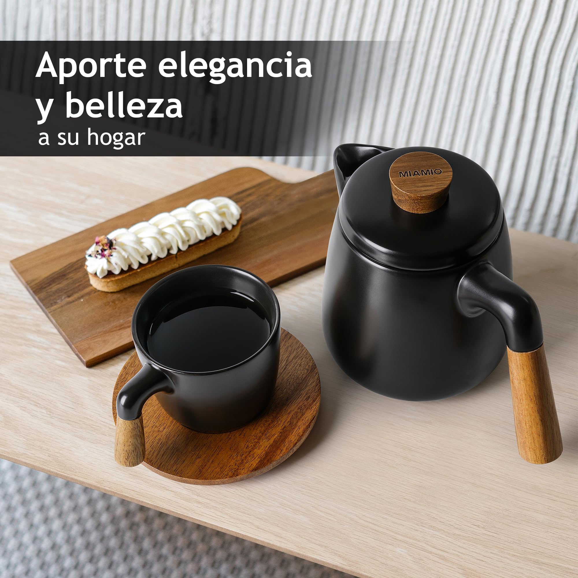MIAMIO – Juego de tetera de cerámica de 1000 ml con infusor y tazas/colador de té, 4 tazas de té de cerámica (300 ml), platitos de bambú/asa para el hogar y el despacho (Negro)