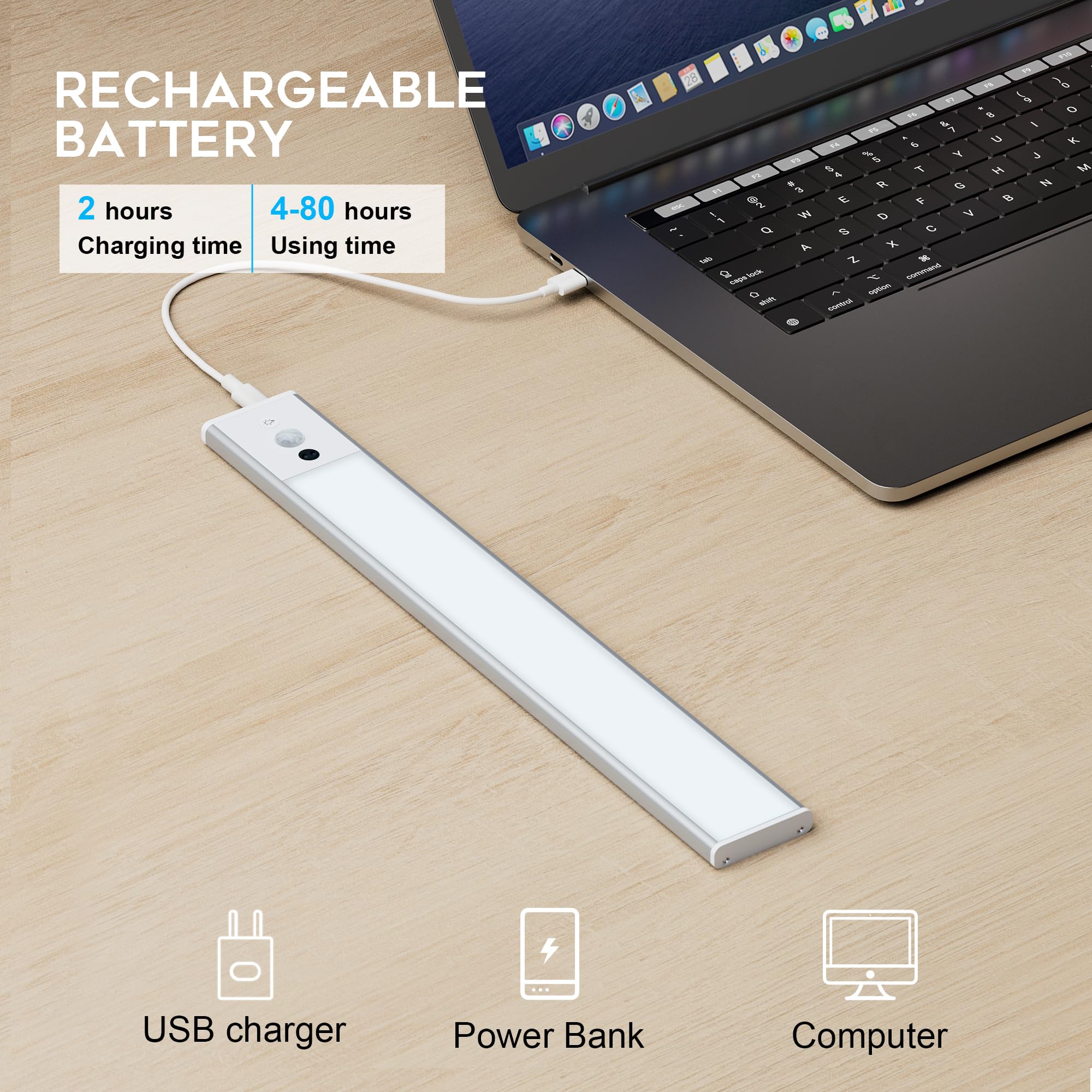 HELLYMOON Luce Armadio 126Leds Luce Sensore Movimento 30cm, 6000K Luce LED Sottopensile 3 modalità di colore dimmerabile, ricaricabile per armadio, scale(2 packs)