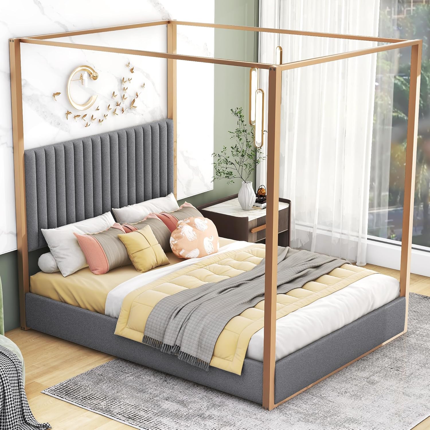 Upholstery Canopy Bed Queen with Headboard ,4Post Canopy