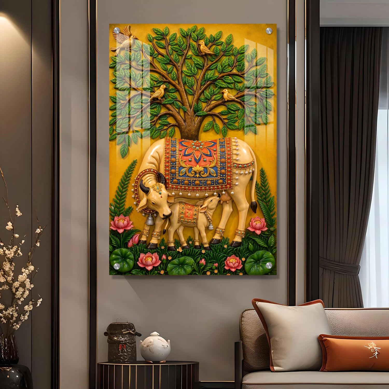 The Hanging Story Tree of Life Kamdhenu Cow Religious Wall Painting | Premium Acrylic Wall Decor | Vastu Home Decoration for Living Room Bedroom Office (24x36 inch)-image-14