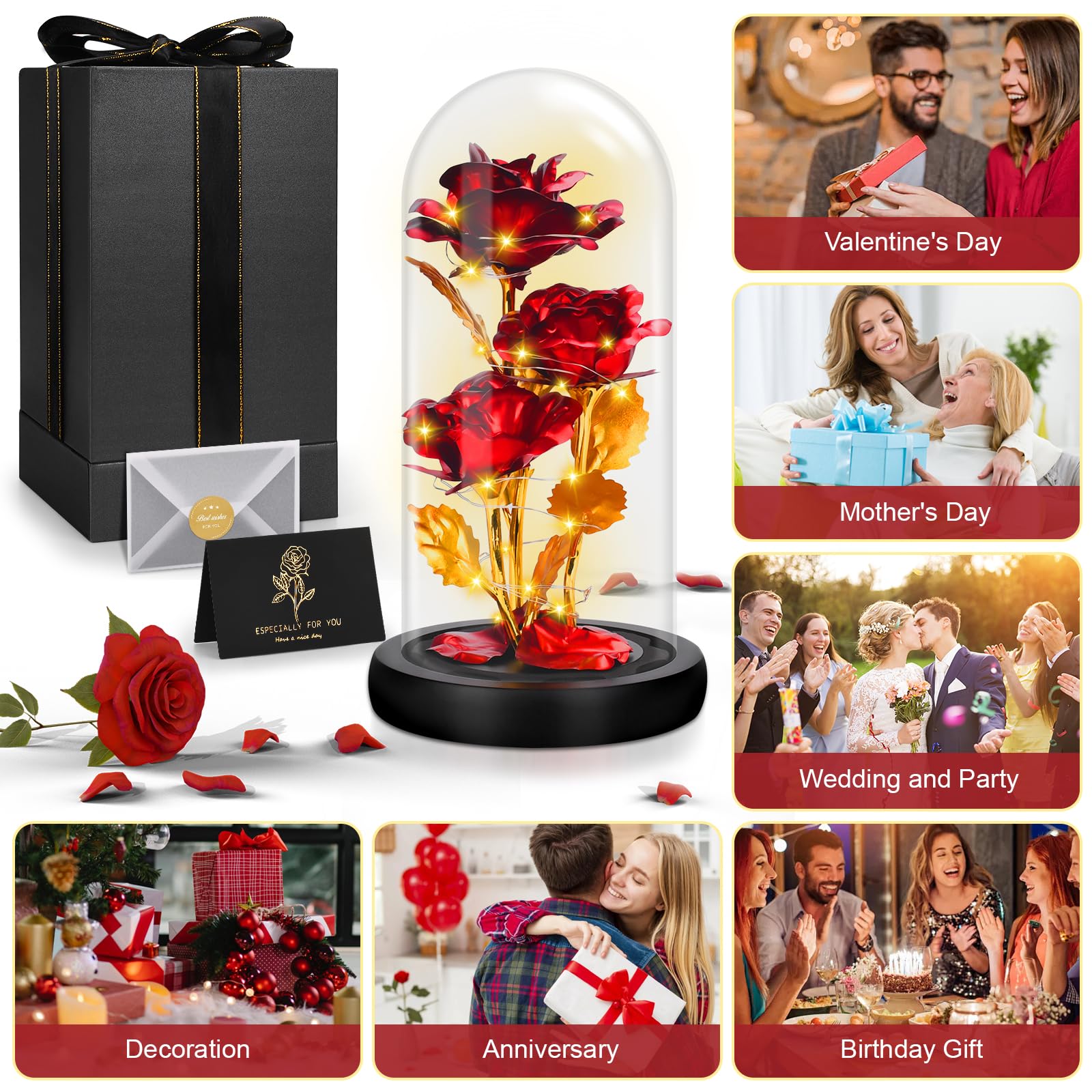 Rose Éternelle Sous Cloche LED La Belle Et La Bête - Cadeau Saint Valentin Et Décoration