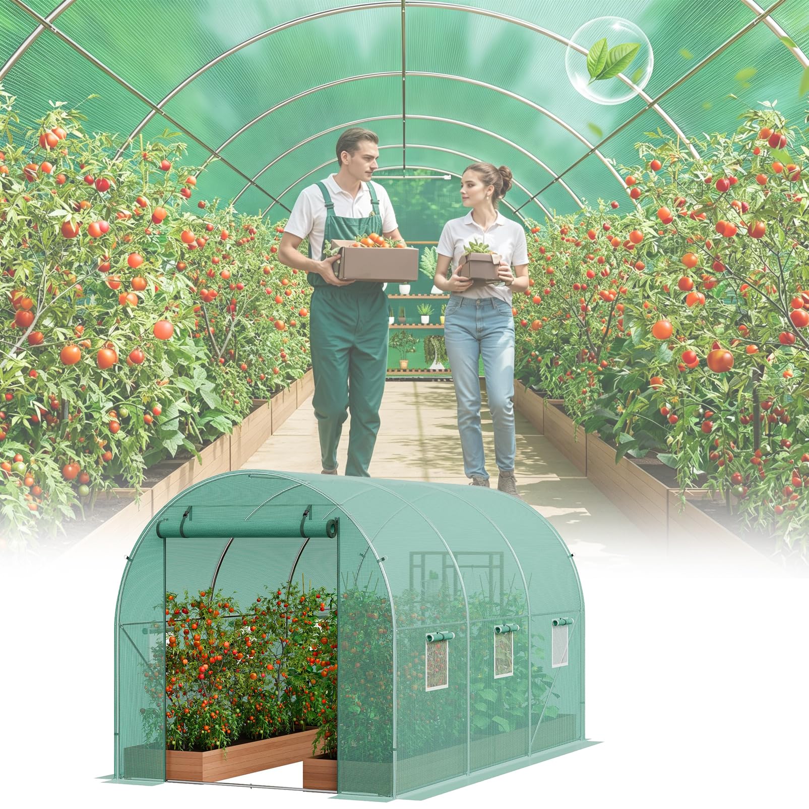 Invernadero de Exterior 10ft x 6.6ft x 6.6ft, Invernadero de Túnel con Puerta Enrollable, 6 Ventanas de Malla, Cubierta PE 140g/m² y Marco de Acero Galvanizado para Cultivos