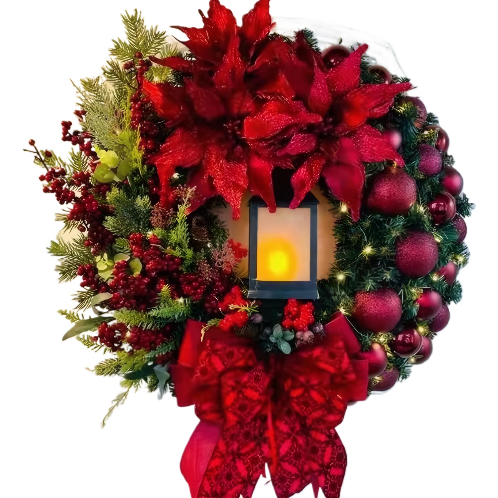 16 Coronas navideñas para Puerta de Entrada con luz y Lazo - Corona de Puerta roja Artificial para decoración Interior y Exterior - Navidad