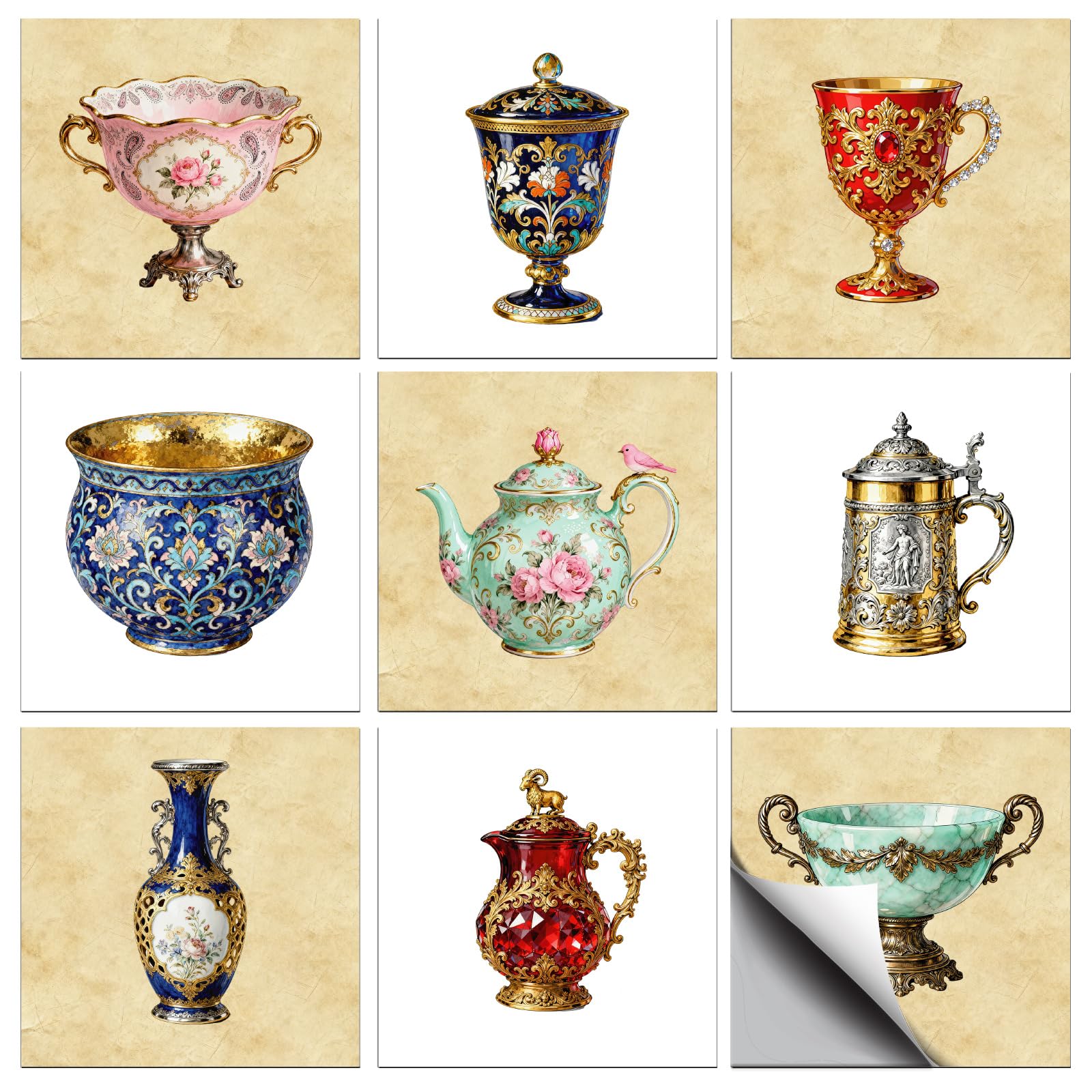 CONCHLERY 36 Pcs 9 Styles Retro European Chinese Tableware Pattern Peel and Stick Tile Stickers, for Kitchen Bathroom Home Wall Art Decor 4x4 Inch