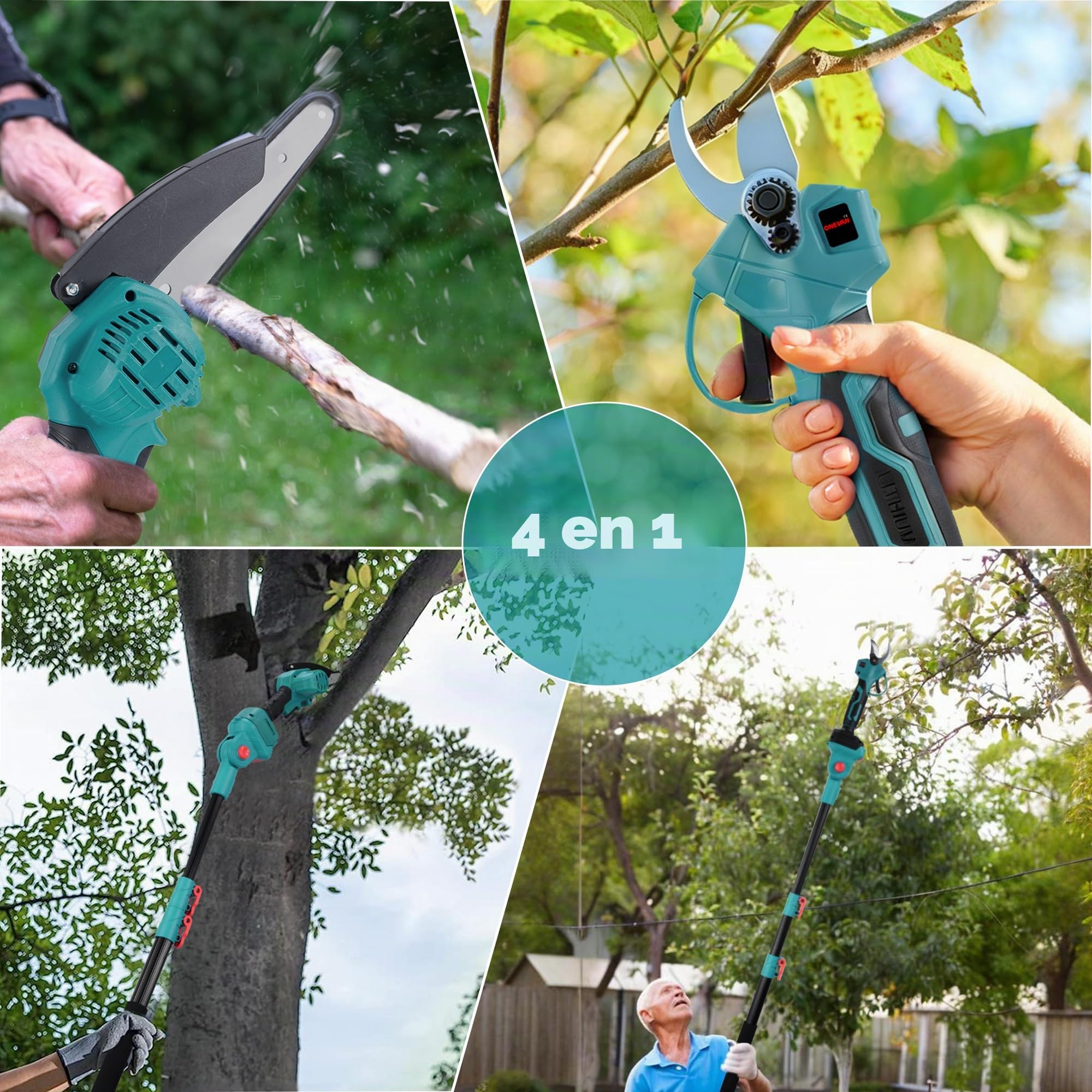 ONEVAN Podadora y Tijera de Podar Telescópica 4 en 1 incl. 2×4.0Ah Baterías | 15cm Motosierra, 25mm Cizalla, 260cm Barra, 180° Ángulo ajustable, Motor Brushless, Acero SK5 Cuchillas, Poda en altura