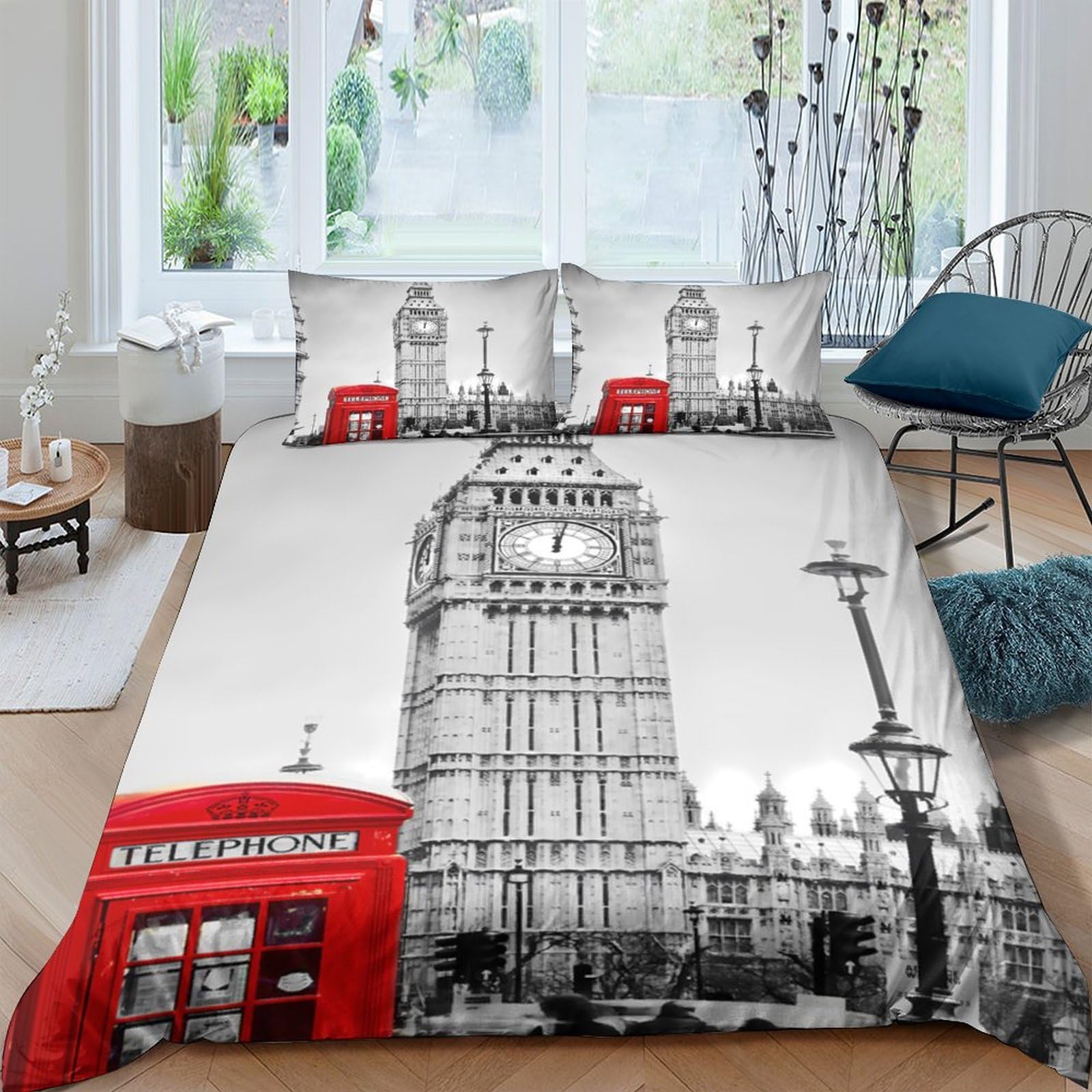 Ctjqhvkz Style-1 3D Printed London Big Ben Fitted Sheet Microfiber Red Telephone Bed Cover For Bedroom Decor Anti-Slip Washable Single（135X200cm）