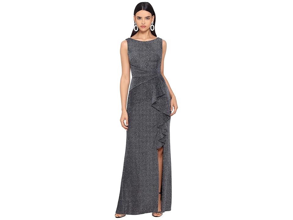 Betsy & Adam Long Metallic Knit Ruffle Front Gown (Black/Silver) Women's Dress