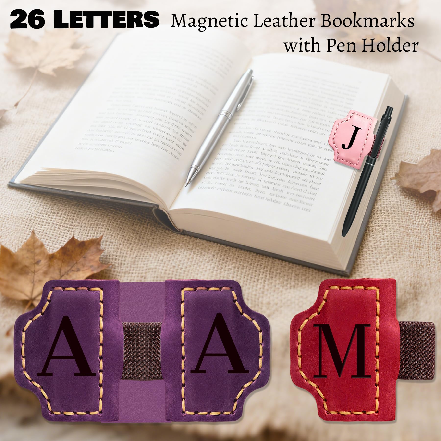 Segnalibri magnetici personalizzati in pelle con portapenne, segnalibro personalizzato, 26 lettere, segnalibro per leggere donne, uomini, simpatici segnalibri con iniziali per gli amanti dei libri