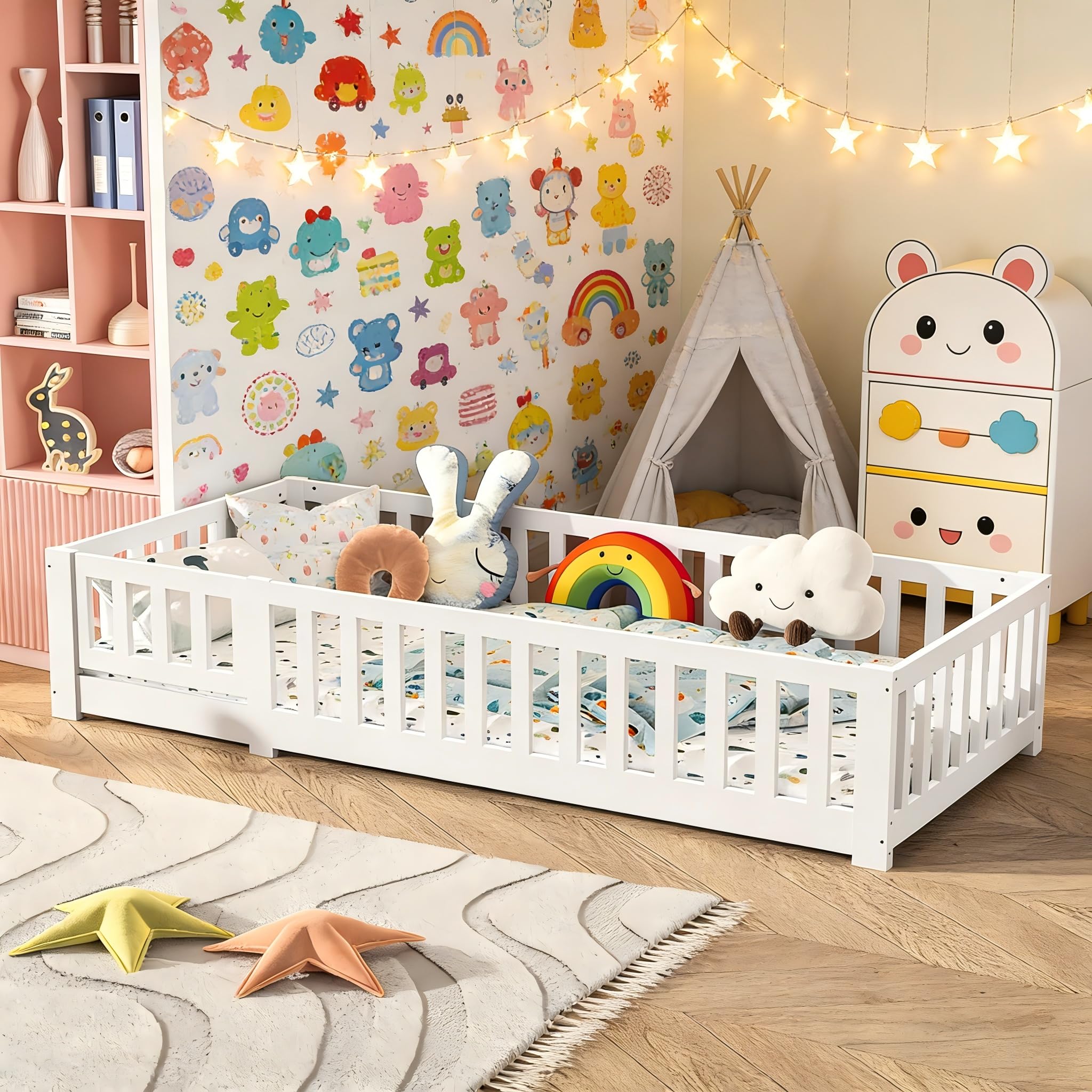 Cama Montessori Infantil 90x200 de Madera Maciza, Cama Suelo con Barandilla de Seguridad, Montessori Camas para Niños y Niñas, Cama Infantil Baja para Dormitorio Infantil, Blanco