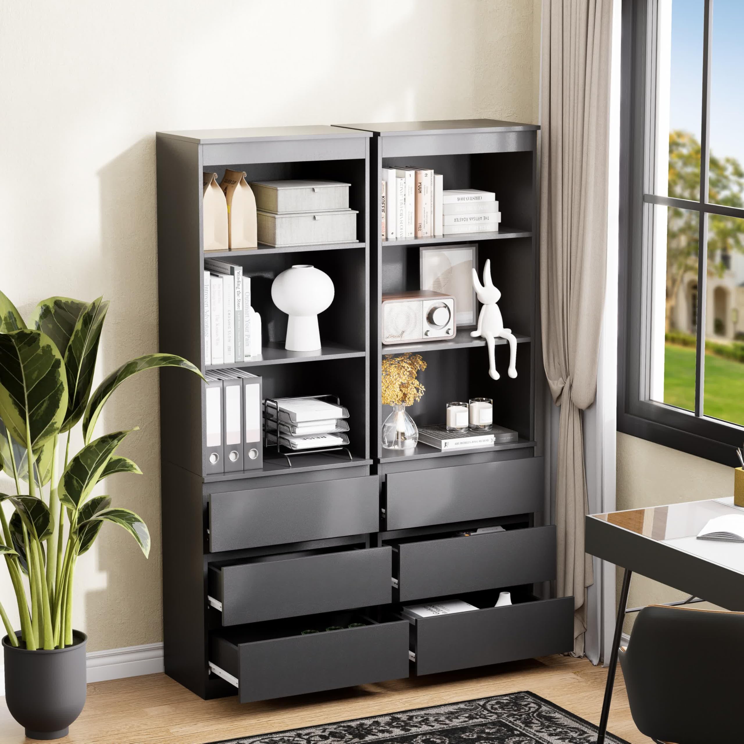Garvis Bücherregal Hochschrank, 3 Schubladen & 3 Regale – MDF Hochregal mit Kippsicherung, 180 cm Hoch, Platzsparend für Wohnzimmer Schlafzimmer Studierzimmer (Schwarz Matt)