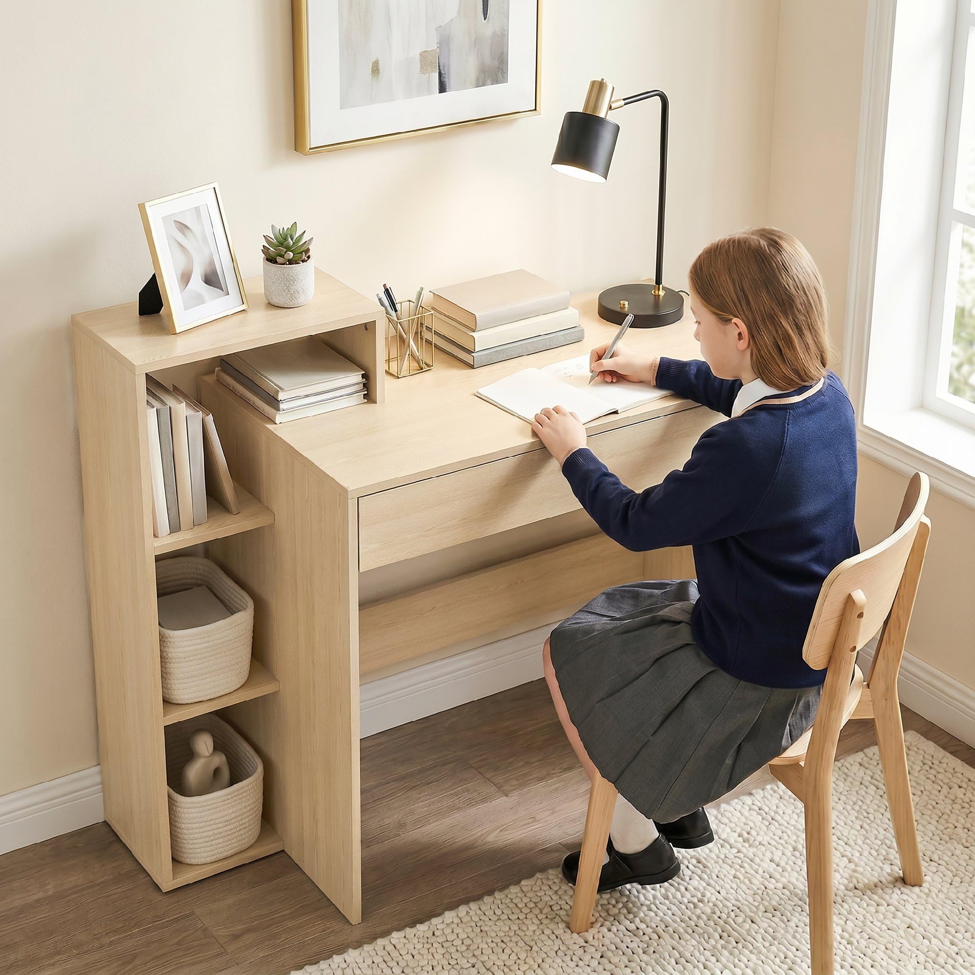 HOMCOM Escritorio PC con Almacenamiento, 100x40x90cm, Natural | con 3 estantes, cajón, estación de trabajo, Escritorio de computadora para teletrabajo, sala de estar
