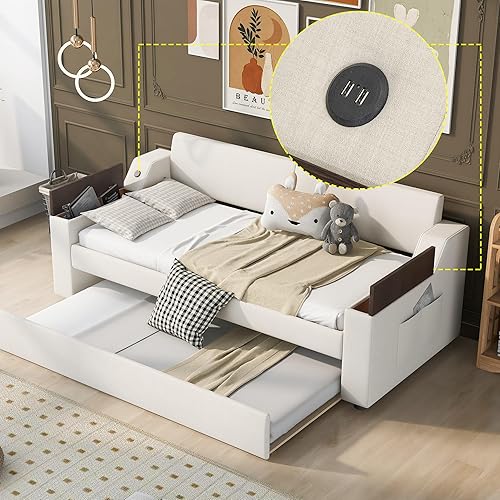 SOFTSEA Twin Size Daybed with Trundle, Upholstered Daybed with Storage Armrests, USB Ports and Side Pockets, Linen Fabric Sofa Bed Frame for Living Room, Bedroom, Beige