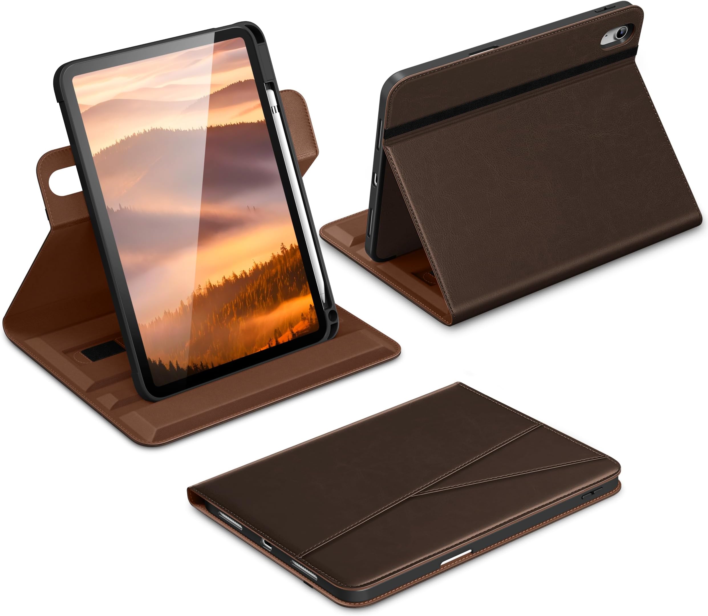 for iPad A16 Case, iPad 11th / 10th Generation Case (2025/2022), 360 Degree Rotating Premium Leather Folio Stand Cover with Pencil Holder, Dark Brown