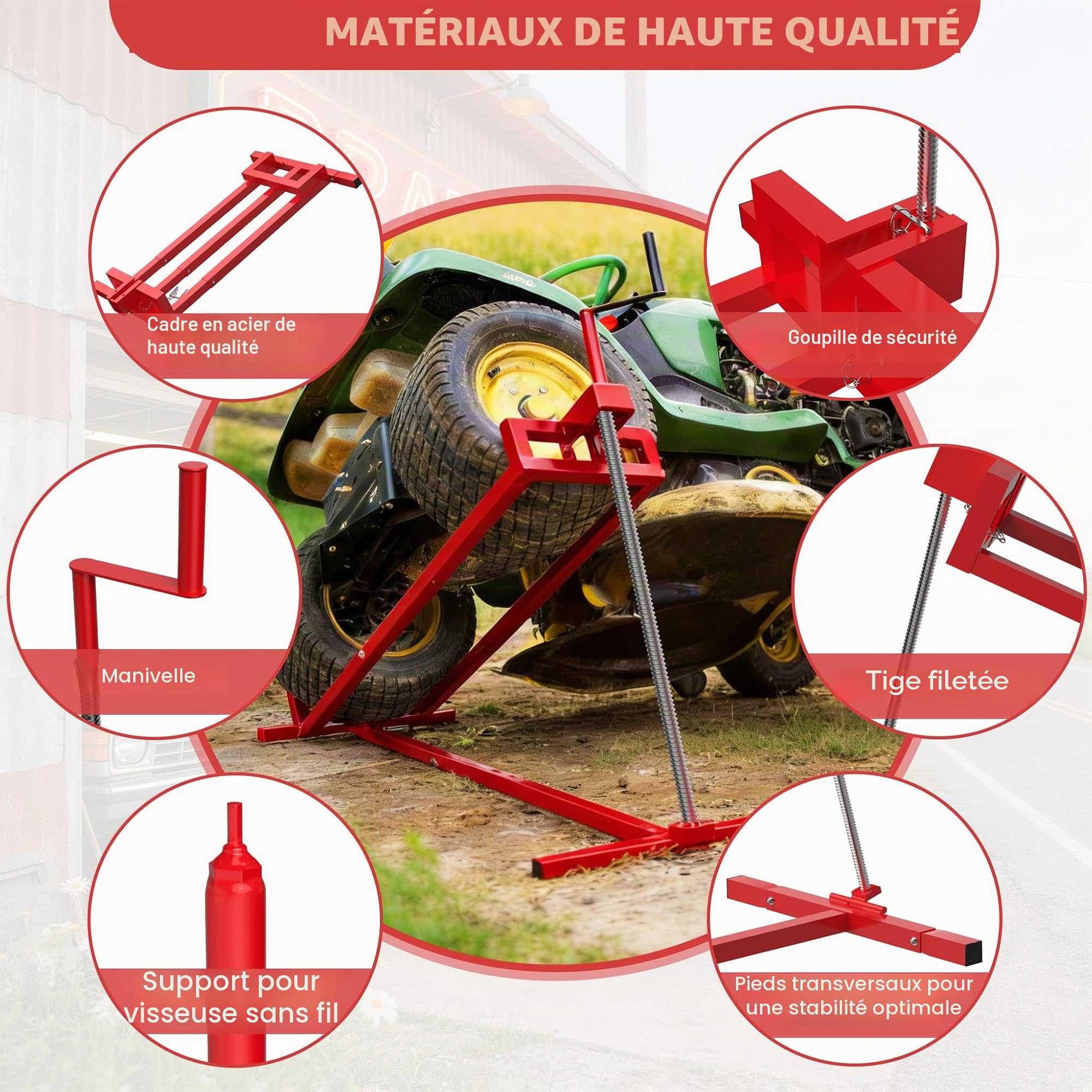 Dispositif de levage, élévateur pour tondeuse, élévateur d'entretien, élévateur télescopique, pour tondeuse, tracteurs de jardin, rouge, charge jusqu'à 400 kg
