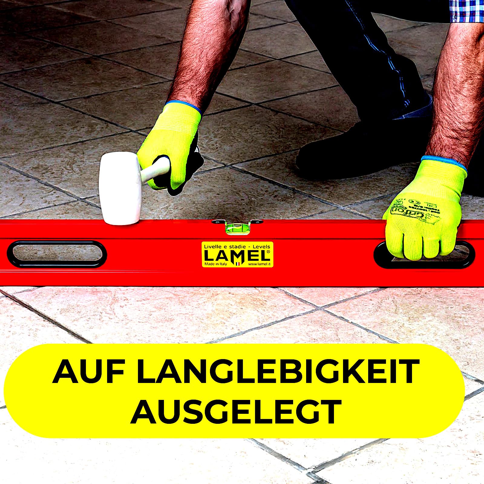 LAMEL Richtlatte 300 cm, mit Libellen und Griffen, lackiertem Rot Aluminium, verstärktes Profil, zum Verlegen von Böden