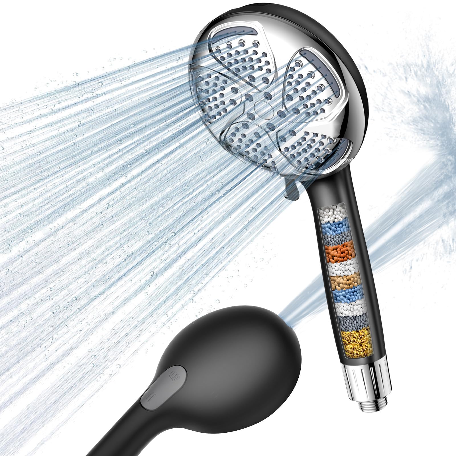 FEELSO Soffione doccia con filtro, soffione doccia per cloro residuo, batteri, cromo da metalli pesanti (argentato nero)