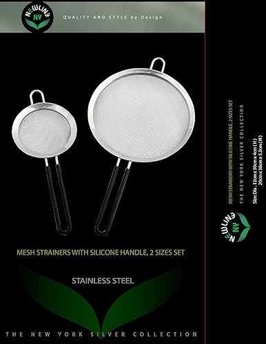 Miniatura 2 de Newline NY Coladores de malla fina de acero inoxidable doble de alta calidad con mango recubierto de silicona antideslizante suave al tacto, juego