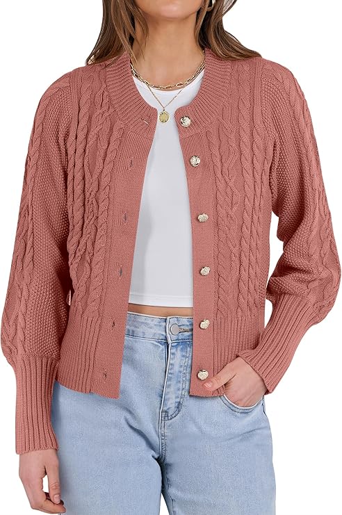 ANRABESS Women Long Sleeve Cable Knit Button Down Open Front Cropped Cardigan Sweater Coat Cute Soft 2024 Fall Outwear