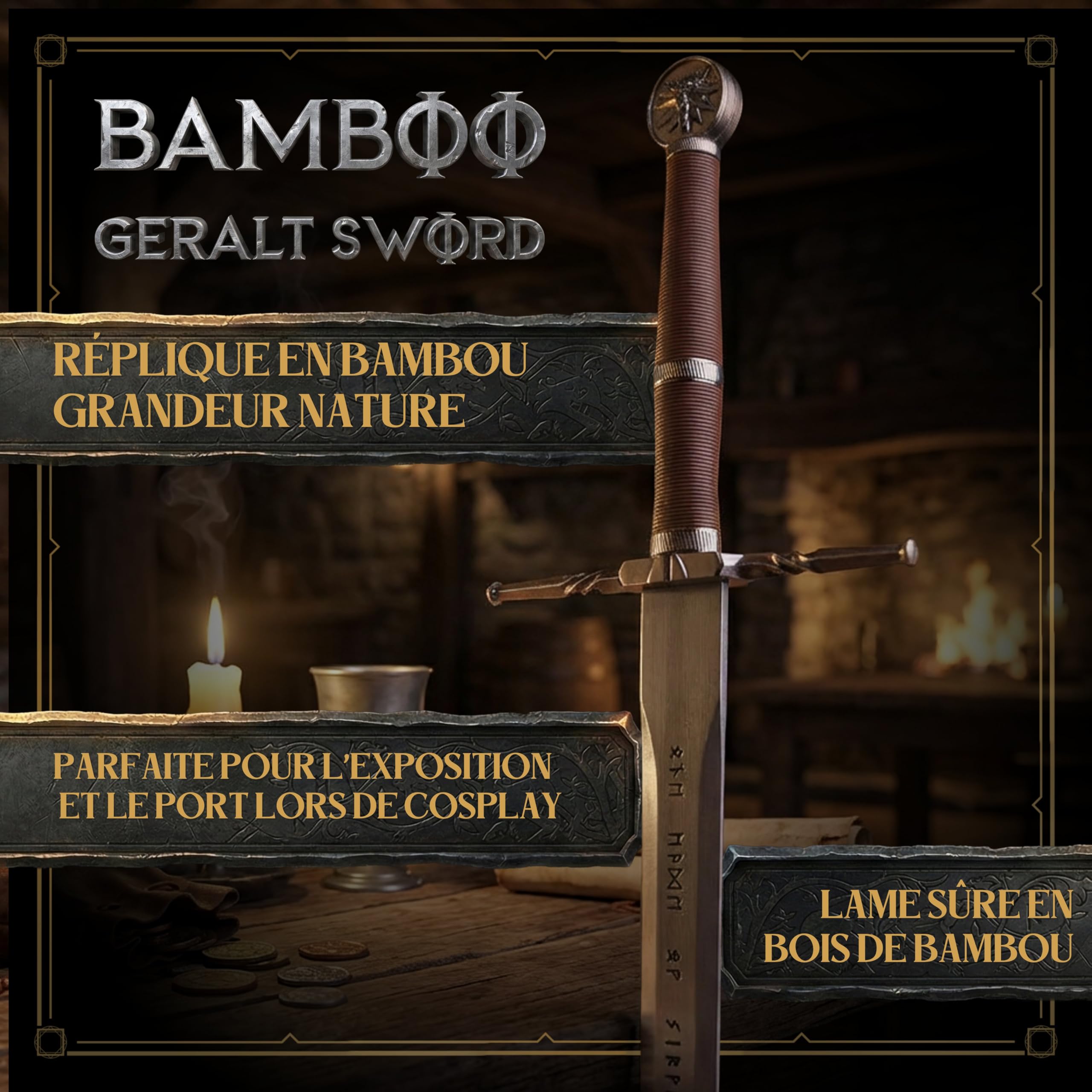 Épée Bambou Médiévale 122 cm - Inspirée par The Witcher - GN, Cosplay, Déguisement Chevalier, Décoration Murale