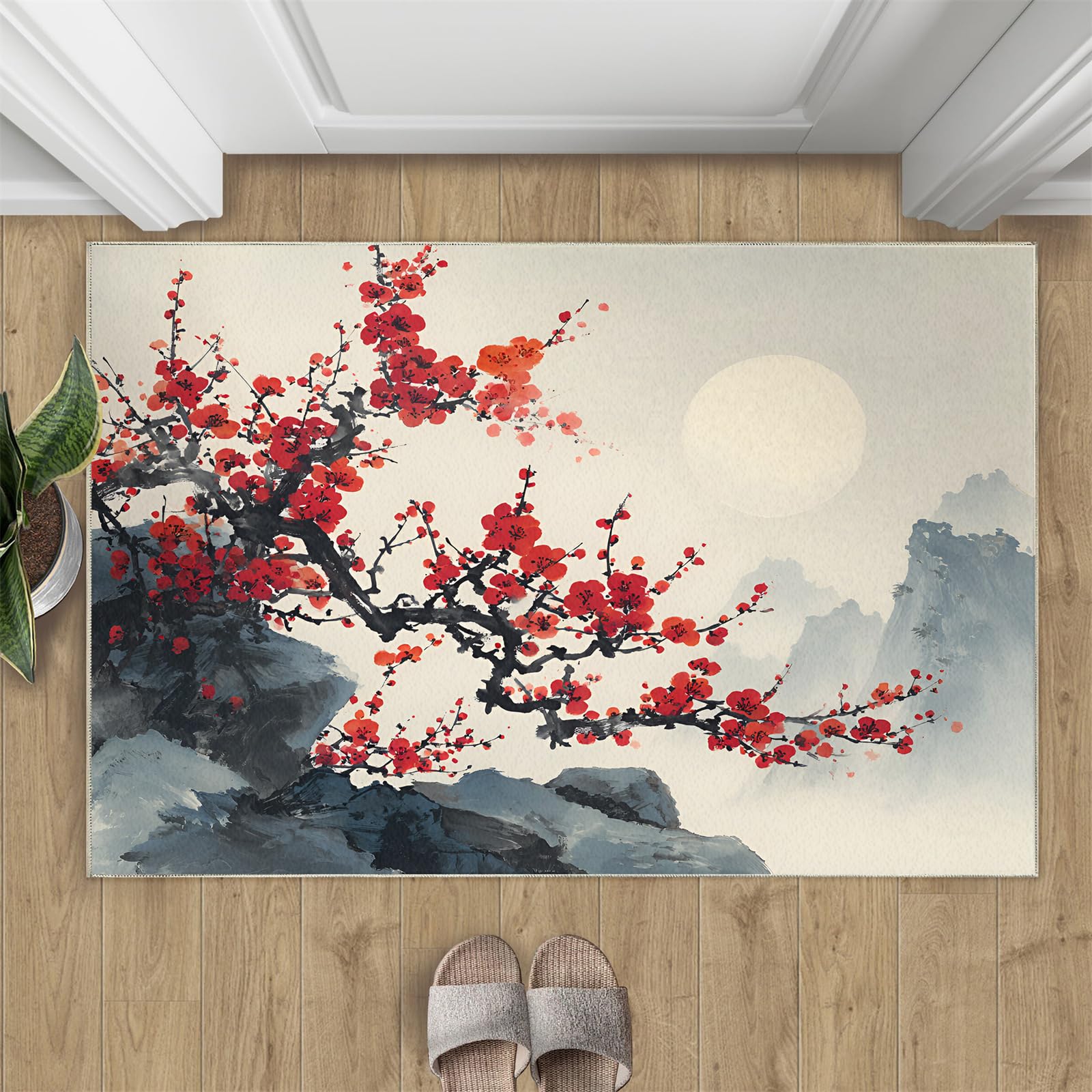 Générique Tapis Japonais Lavable Motif Floral Japonais Doux antidérapant pour Salon, Chambre à Coucher, Salle à Manger, Cuisine - 120 x 180 cm