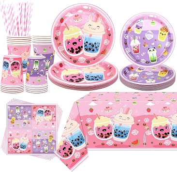 Bubble Tea Decorations - MilkTea Party Supplies with Plates, Cups, Tissues, Tablecloth, Straws for Girls' Birthday Party 20