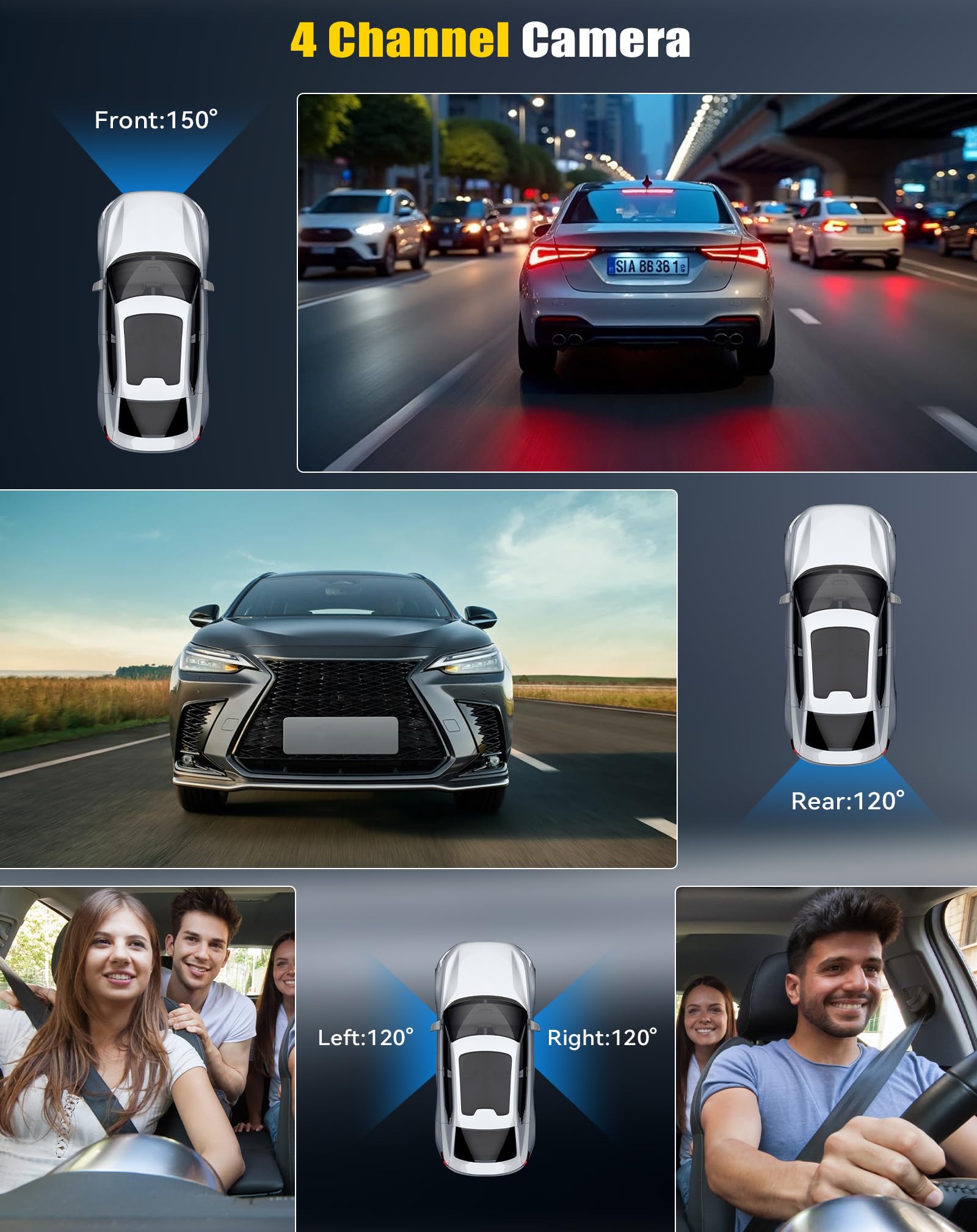 4 Canali 360° Dash Cam Auto con APP, Telecamera per Auto da 3 Pollici 1080P con Visione Notturna IR, Video in Loop, G-Sensore, Ausilio al parcheggio