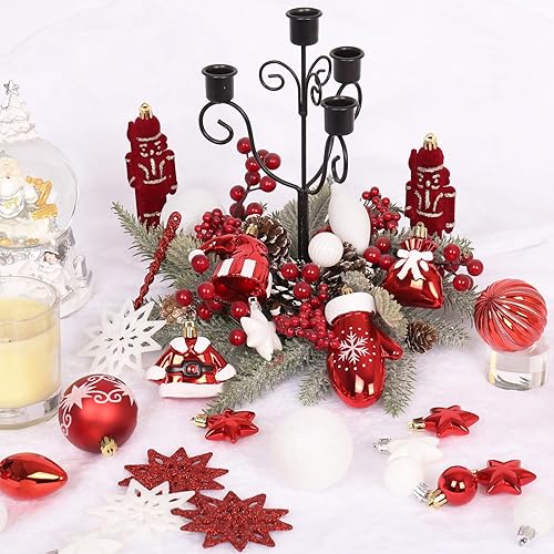 Miniatura 7 de Juego de adornos de Navidad rojos y blancos, 45 piezas de plástico inastillables para colgar en el árbol de Navidad, para interiores y fiestas,