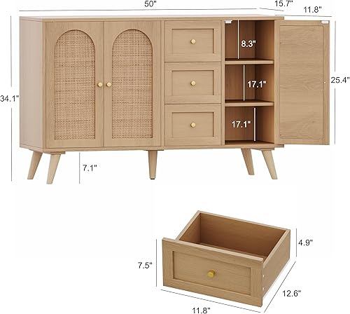 Miniatura 3 de Keehusux Aparador de ratán, gabinete de buffet con puertas decoradas de ratán y estantes ajustables, mesa de consola con cajones, armario decorativo