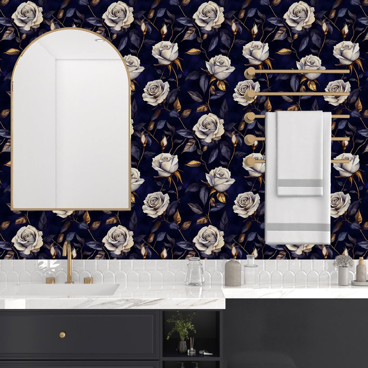 Vintage Dark Blue Rose Wallpaper Peel and Stick 17.5" x 118" Gothic White Floral Botanical Self Adhesive Cantact Paper, Waterproof Removable Vinyl Wall Covering for Bedroom Living Room Cabinet.