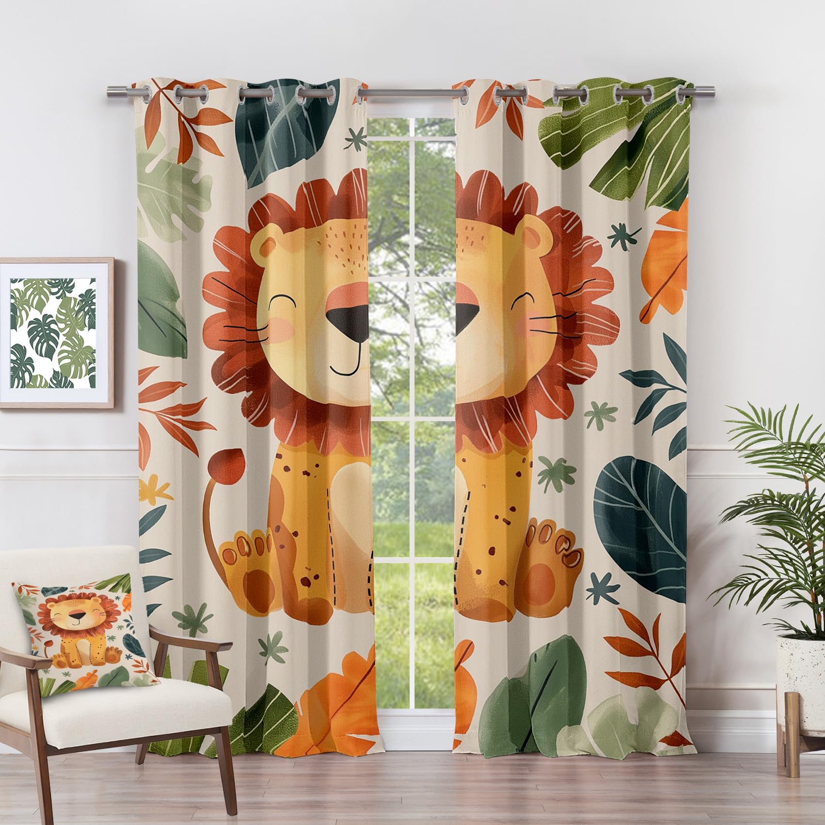 Lion Curtains for Bedroom - Lion Curtains - Cute Cartoon Safari Animal Leaf Blackout Curtains 90 x 108 Inch (Width x Drop) 2 Panels, Kids Nursery Playroom Eyelet Curtains & Drapes