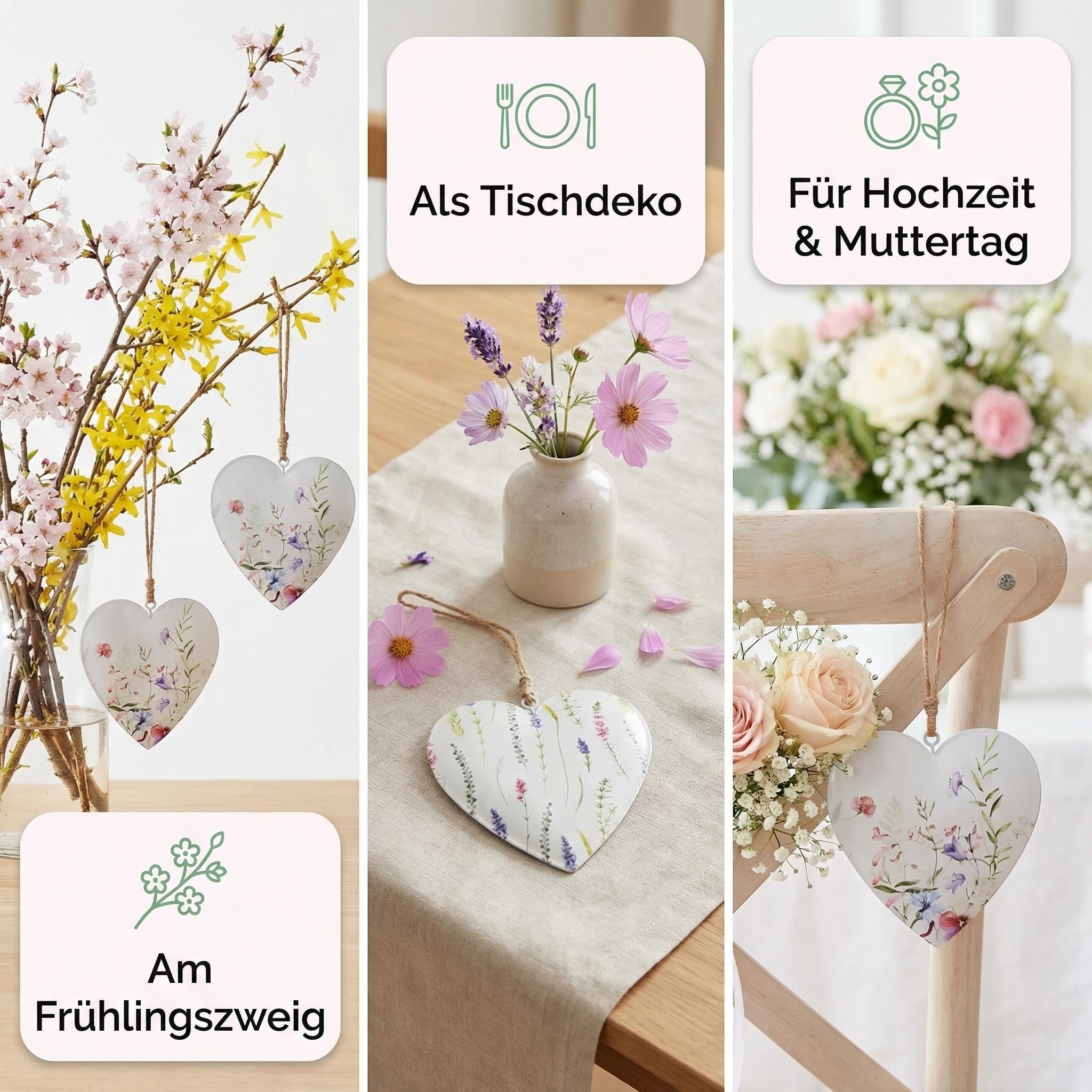 Metallherz Hängedeko, 2er-Set Herzen aus Metall mit floralen Pastellmotiven, Weiß/Rosa/Lila/Grün, ca. 11 x 11,5 cm, inklusive Jutekordel, romantische Frühlingsdeko für Fenster, Zweige & Türgriffe
