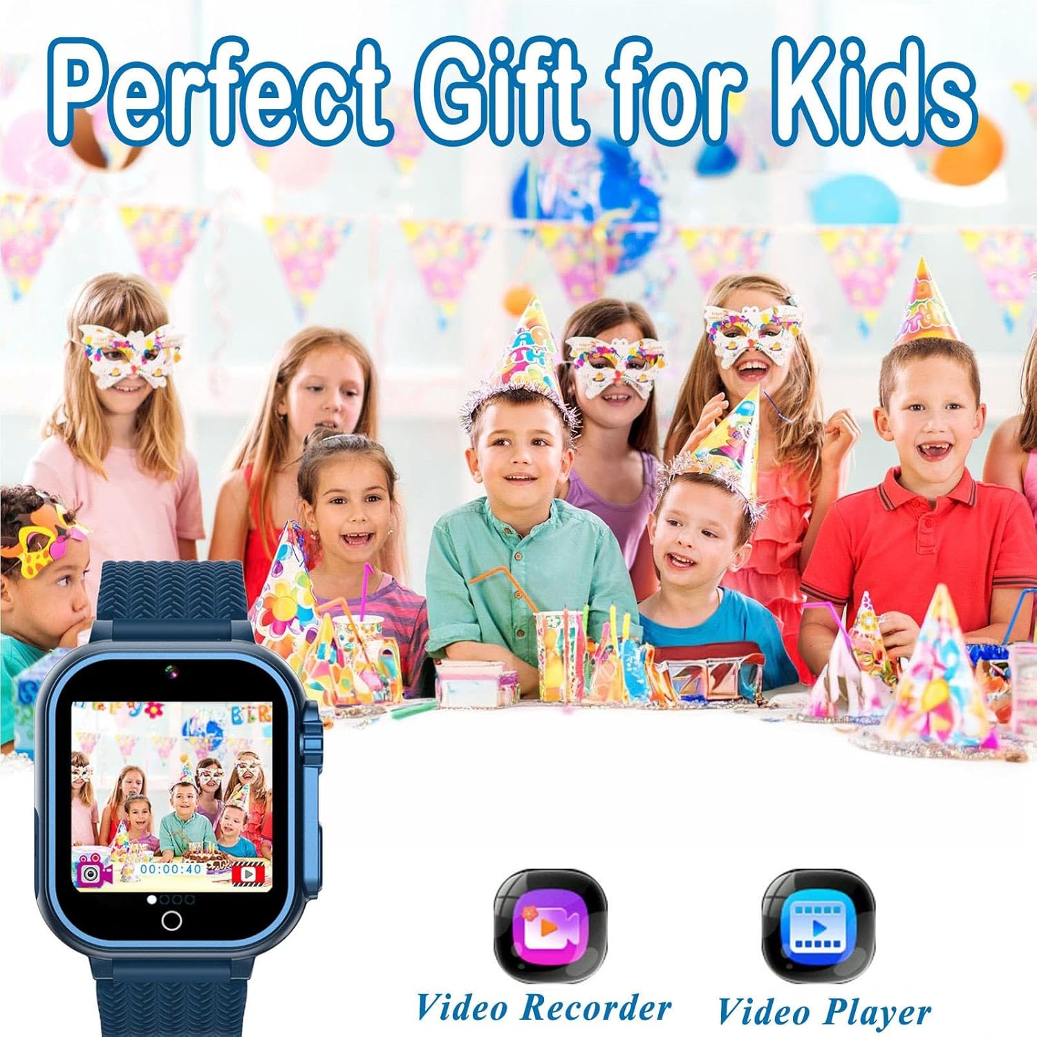 Kids Smart Watch for Girls Boys Age 4-10, 32 Built-in Games, HD Touch Screen, Video Camera, Music Player, Alarm, Educational Toy Gift for Children (Blue)