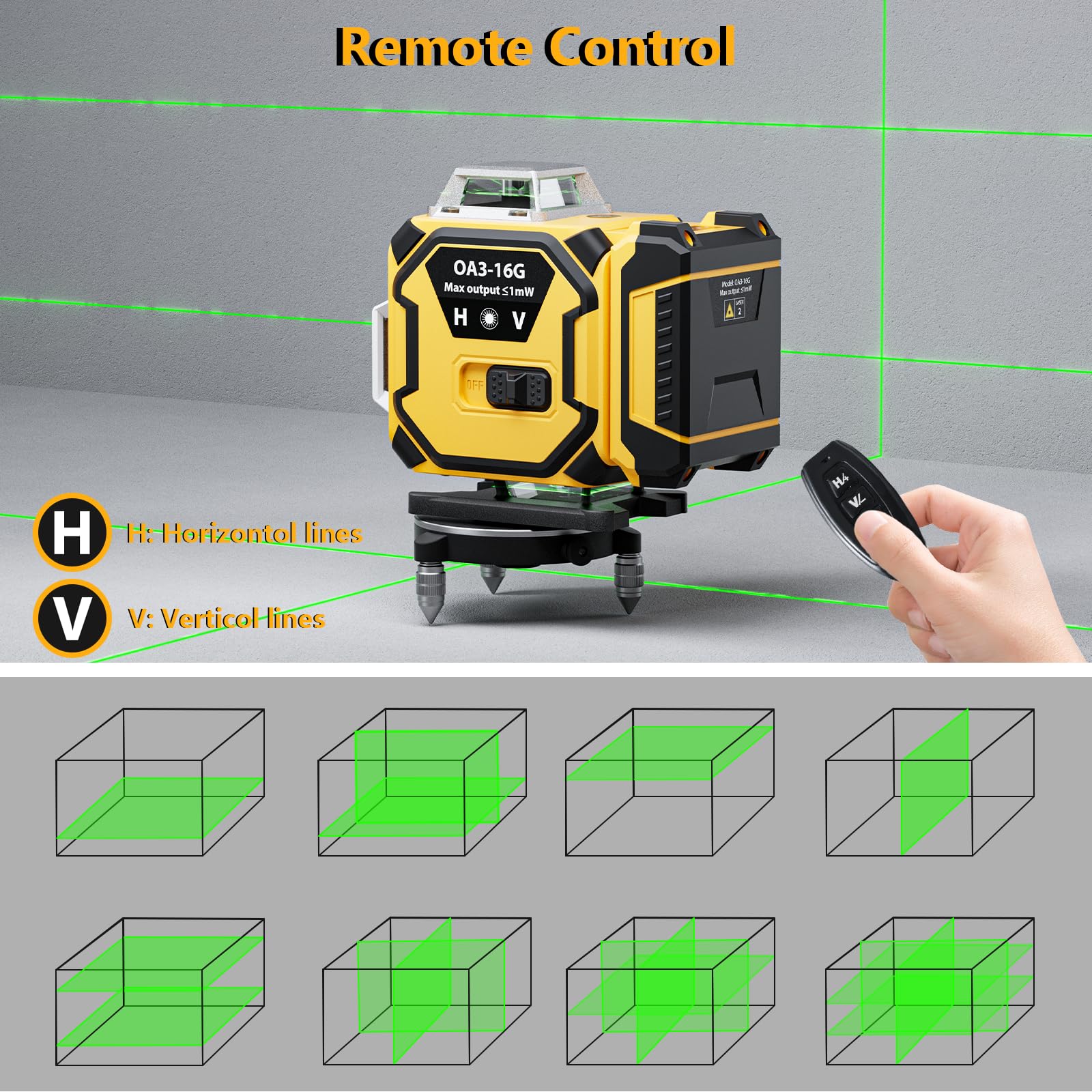 Nivel Laser Autonivelante 4 x 360 °,Modo de Pulso,4D 16 Líneas Laser Verde,360 Líneas Vertical/Horizontal Conmutables, 2 Batería, Base Magnético, Mando a Distancia, Maletín rígido