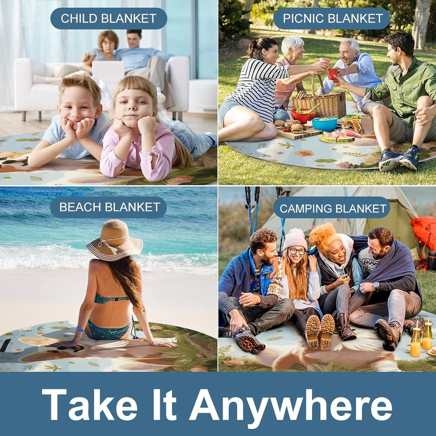 Lovely Corgi Picnic Mat Lightweight Waterproof Picnic Blankets Extra Large Picnic Outdoor Blankets Foldable Sandproof Beach Blanket for Park Beach Camping Courtyard 58.3''x58.3''