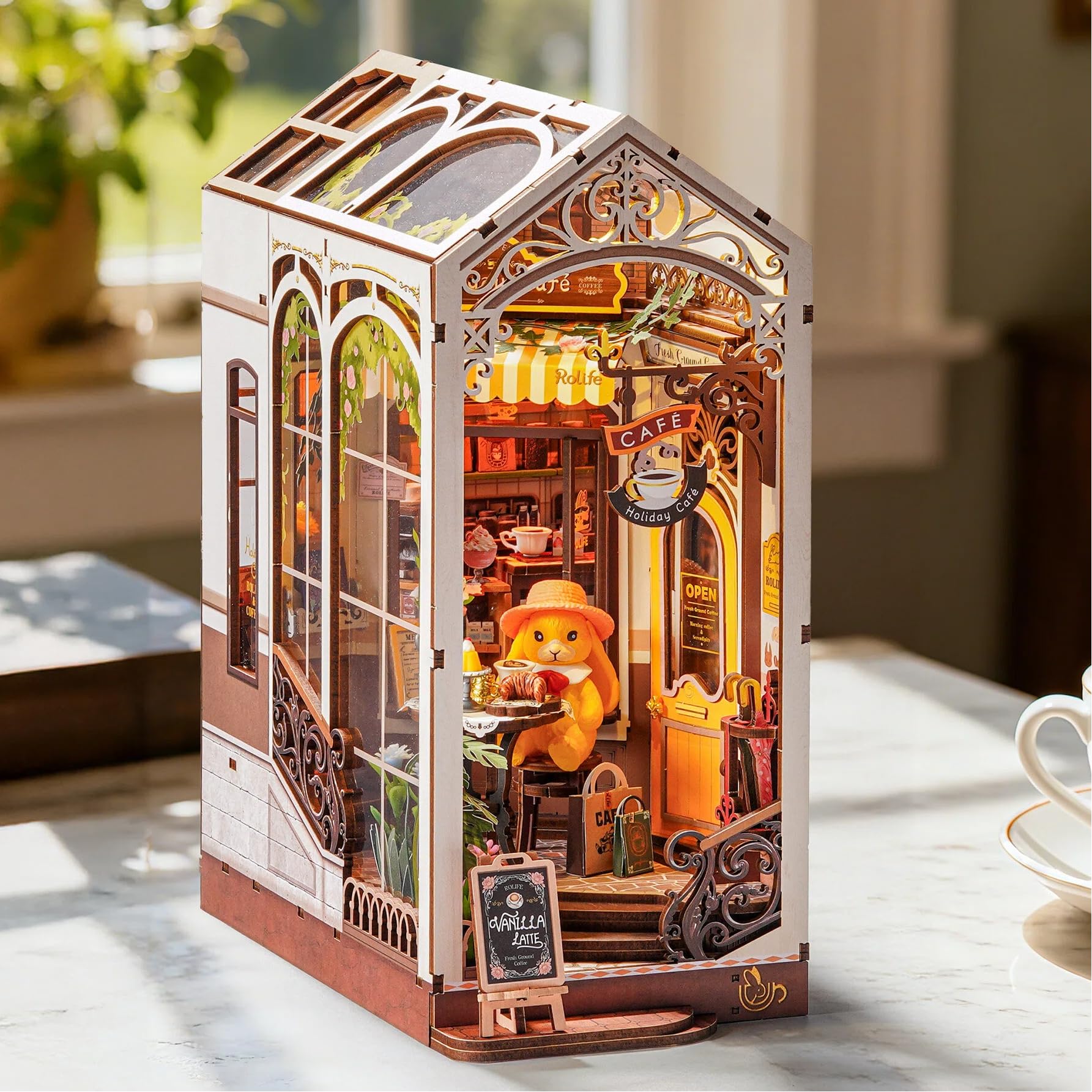 Rolife Book Nook Kit for Adults DIY Miniature Kit with Lights Holiday Café Booknook Model Kits for Adults to Build 3D Wooden Puzzle for Desk Library Bookshelf Decoration